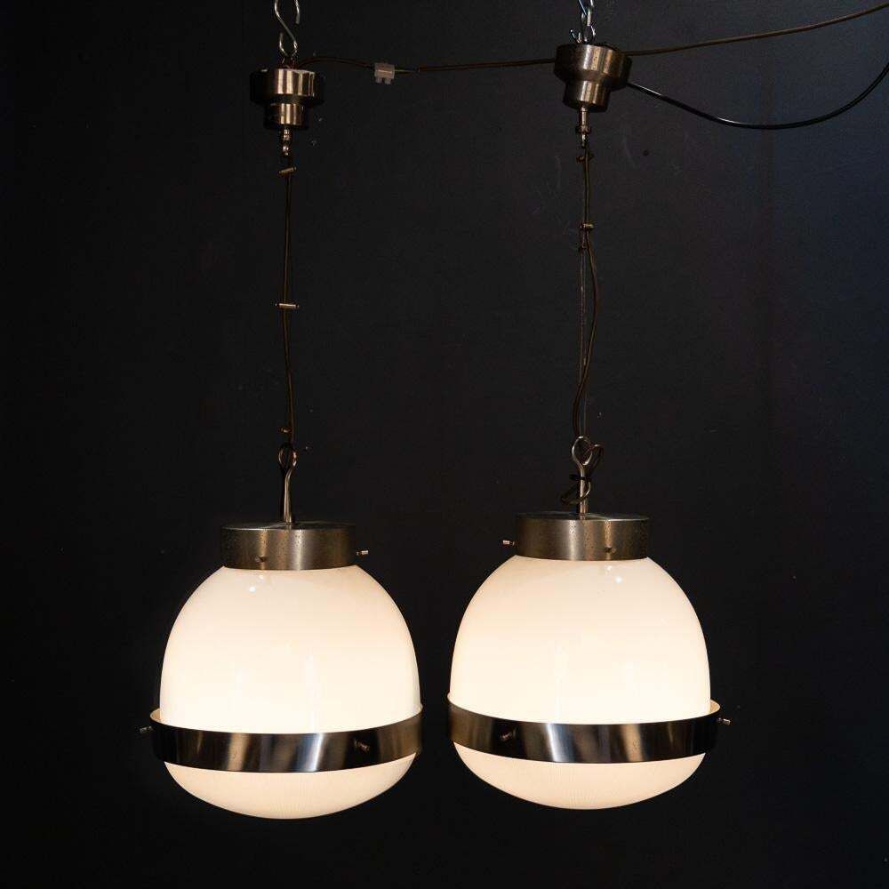 20thc Italian Pair Of "Delta" Opaline Pendant Lights By Sergio Mazza C.1960 photo for sale
