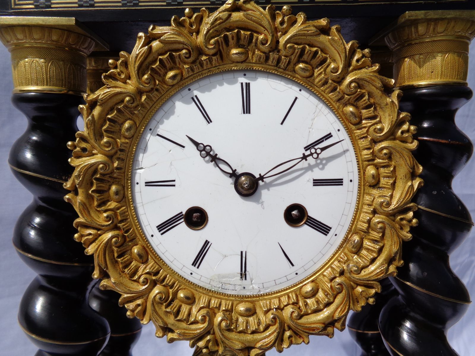 Antique Vincenti French Barley Twist Ebonised Portico Clock Brass Inlayed photo for sale