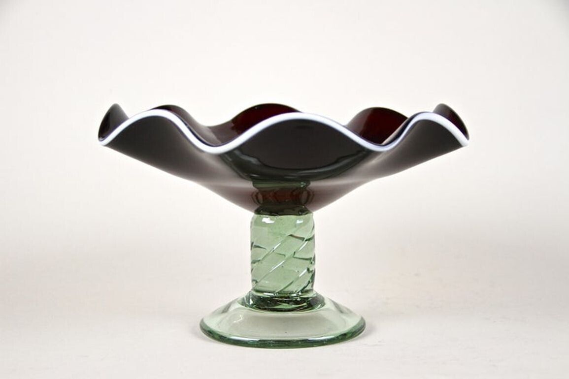 20th Century Dark Red Murano Glass Bowl/ Centerpiece With Green Base, Ca. 1970 photo for sale
