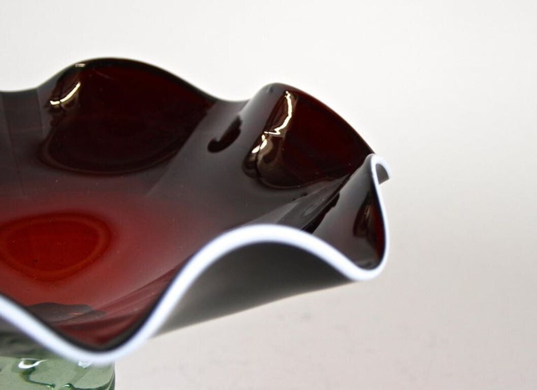 20th Century Dark Red Murano Glass Bowl/ Centerpiece With Green Base, Ca. 1970 photo vinterior