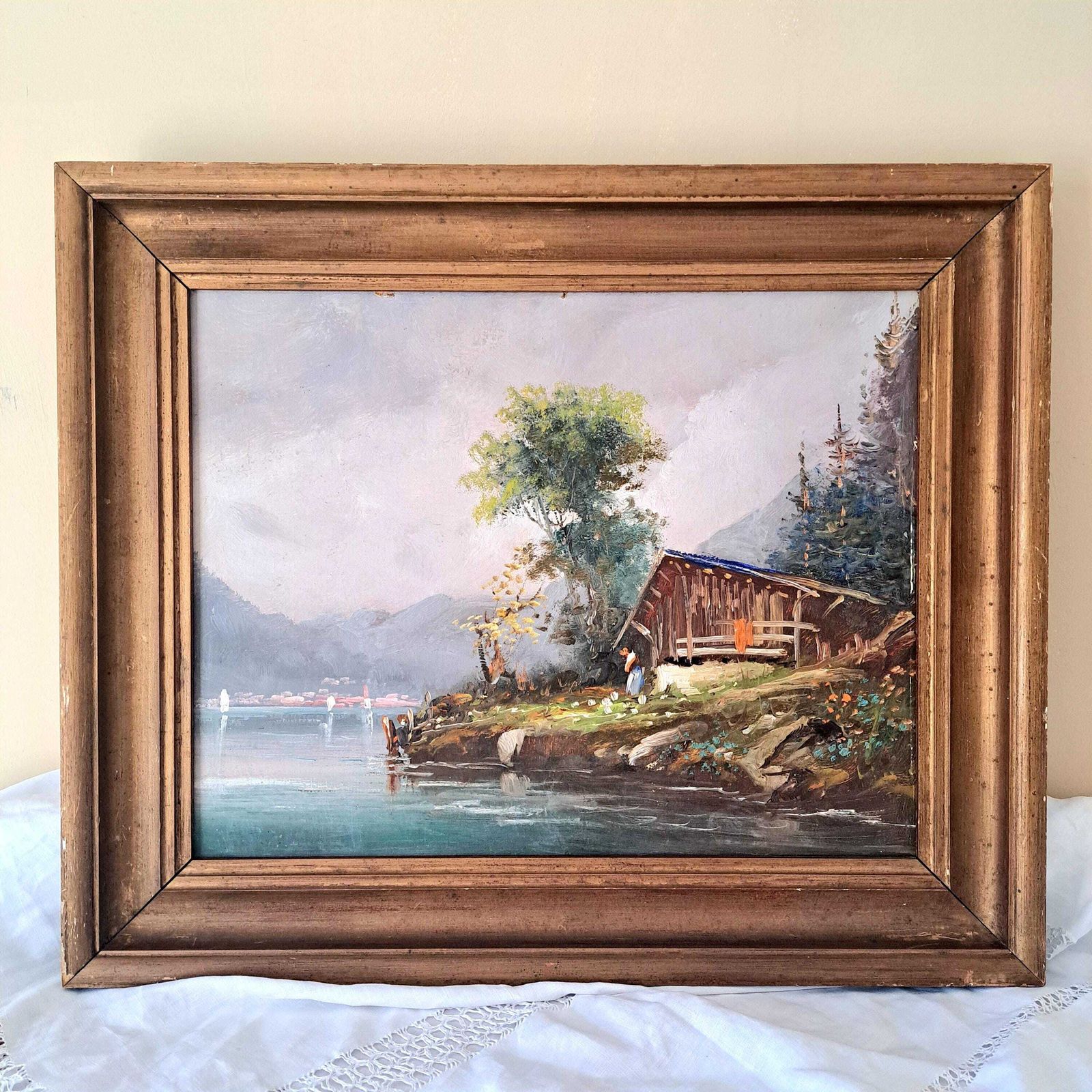 Antique Oil Painting Of An Alpine Chalet And Lake Landscape | Framed | 19th Century photo furniture