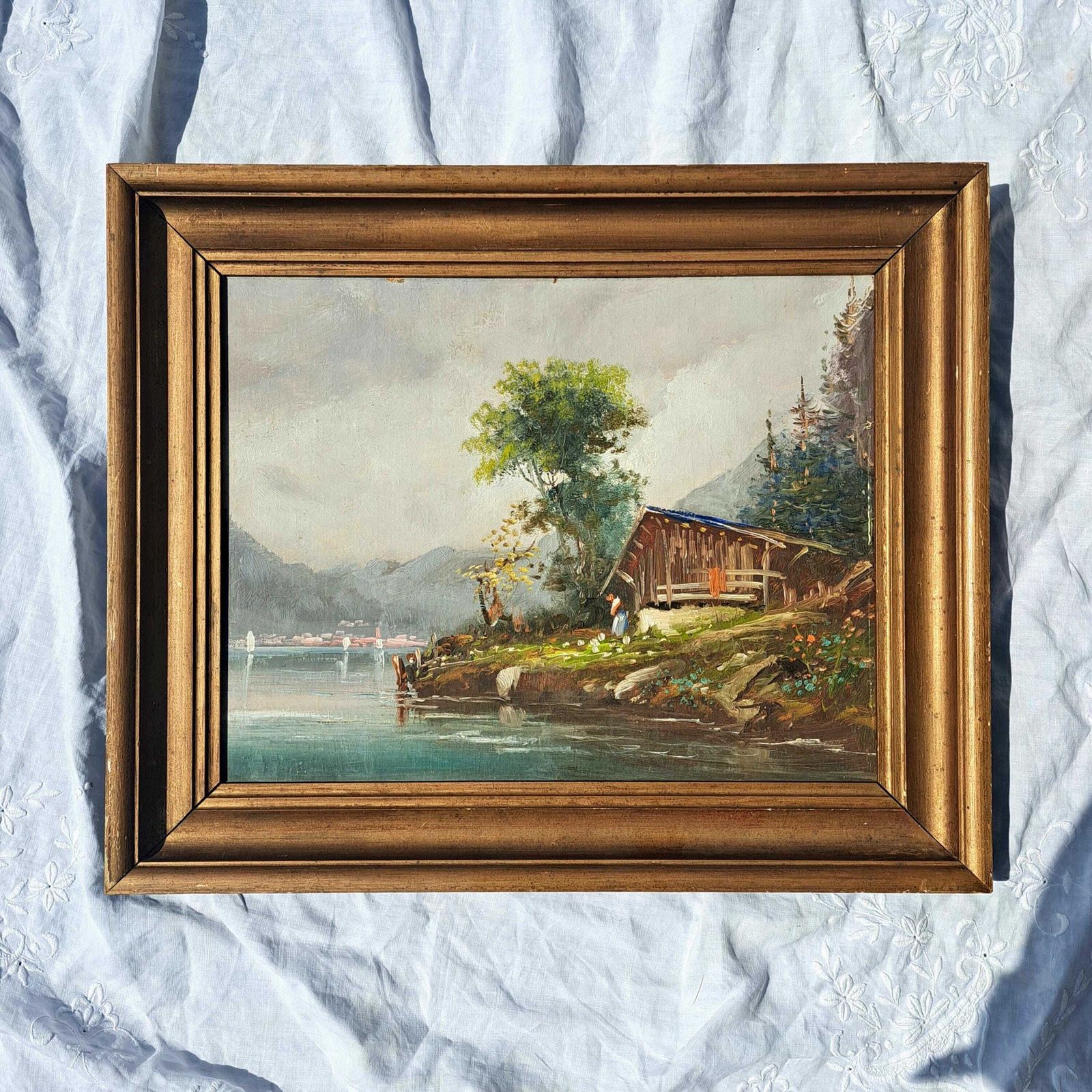 Antique Oil Painting Of An Alpine Chalet And Lake Landscape | Framed | 19th Century photo 50.0