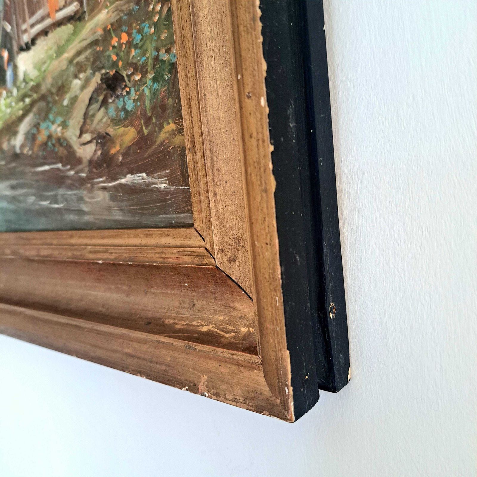 Antique Oil Painting Of An Alpine Chalet And Lake Landscape | Framed | 19th Century photo vintage