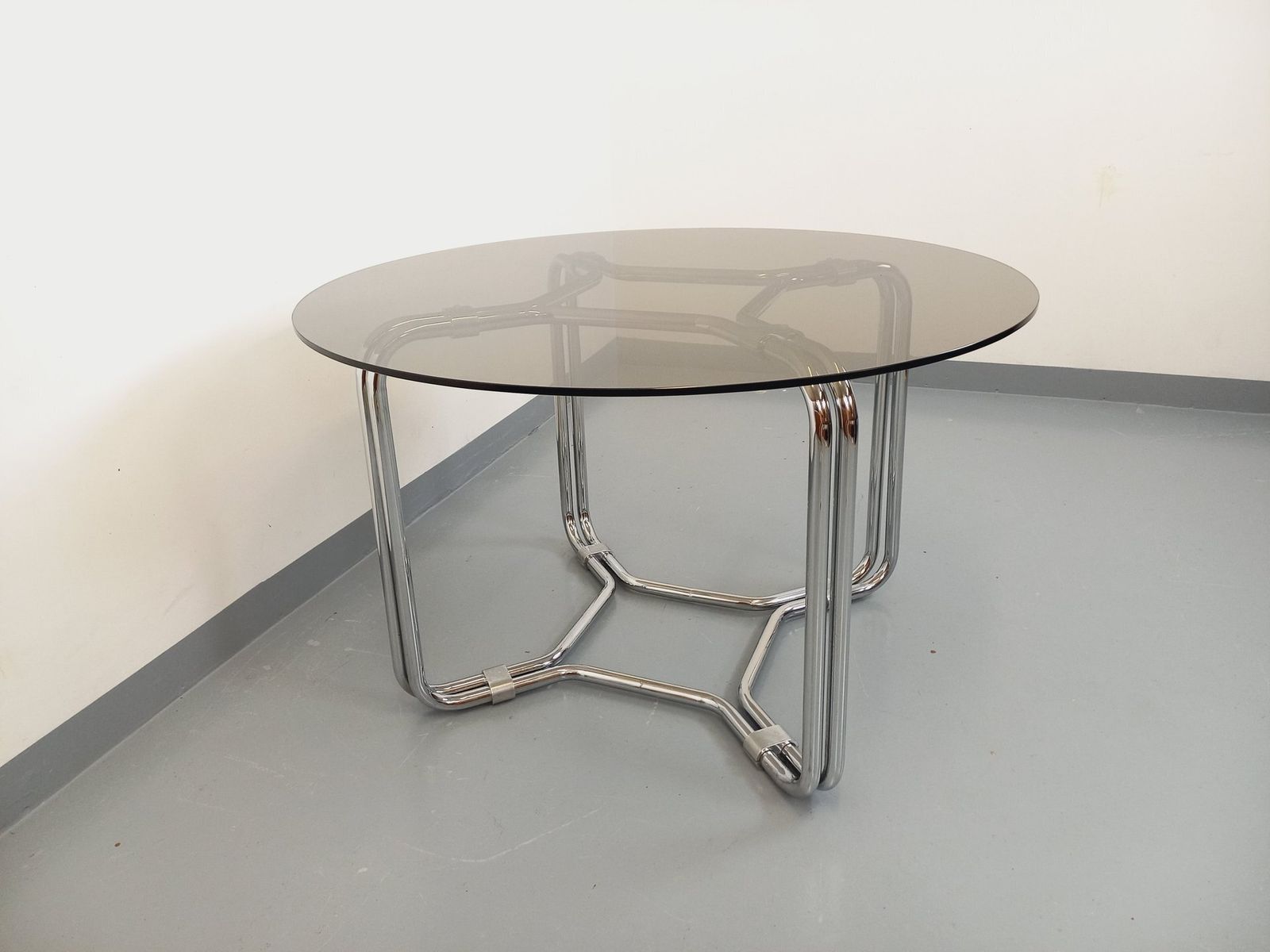 Space Age Round Table In Smoked Glass And Chrome Metal photo furniture