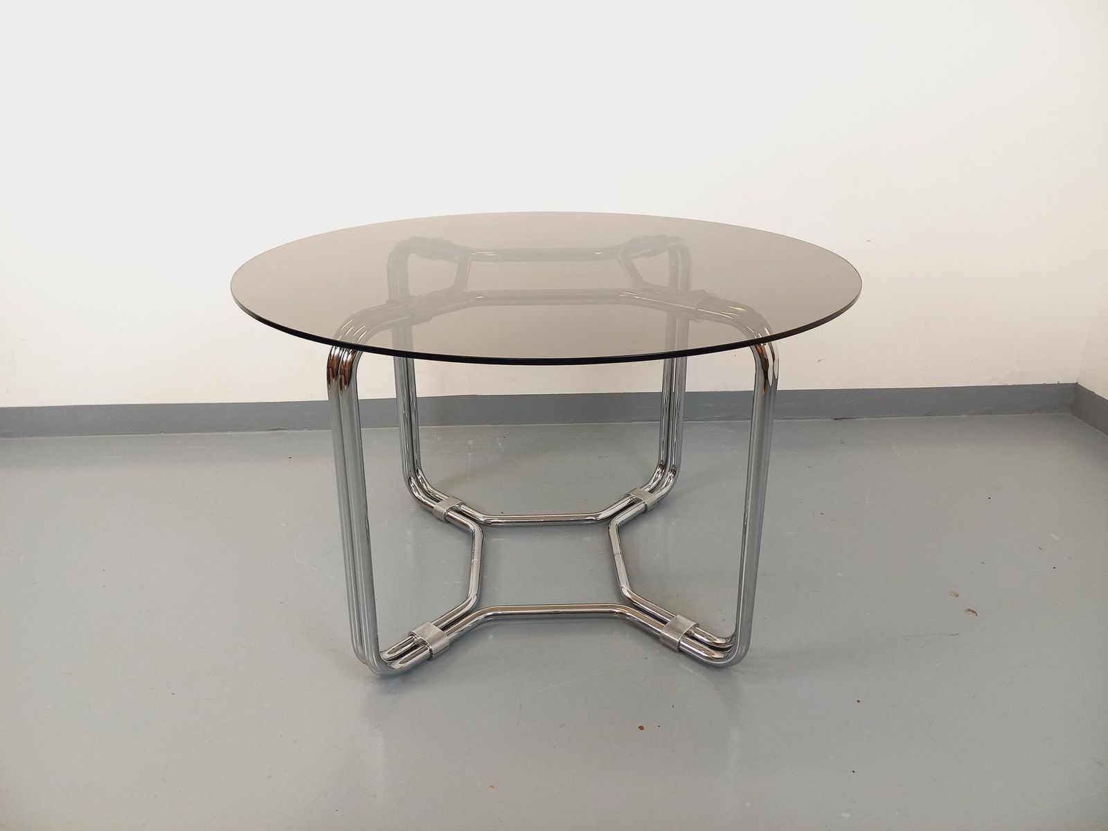 Space Age Round Table In Smoked Glass And Chrome Metal photo Furniture