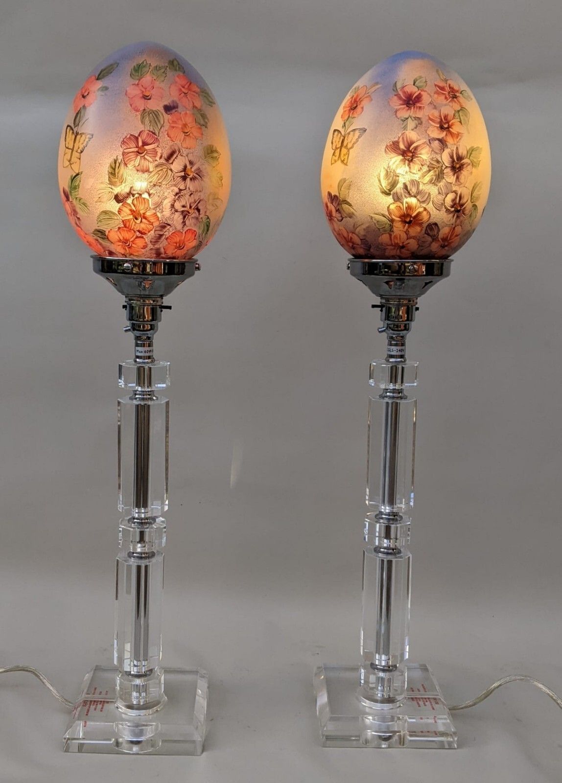 Large Pair Glass Lamps In Crystal With Hand Painted Art Deco Shades