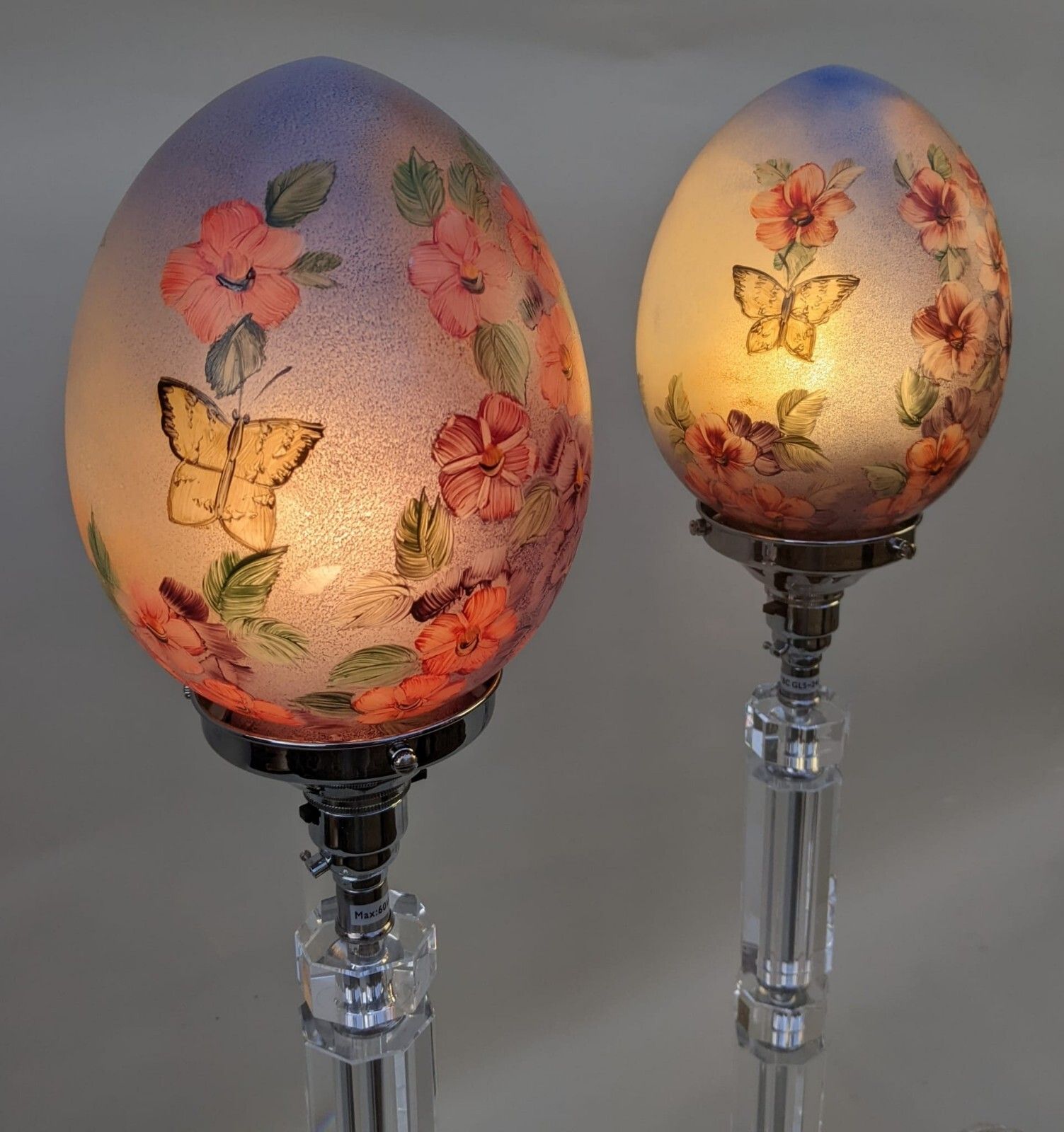 Large Pair Glass Lamps In Crystal With Hand Painted Art Deco Shades photo for sale
