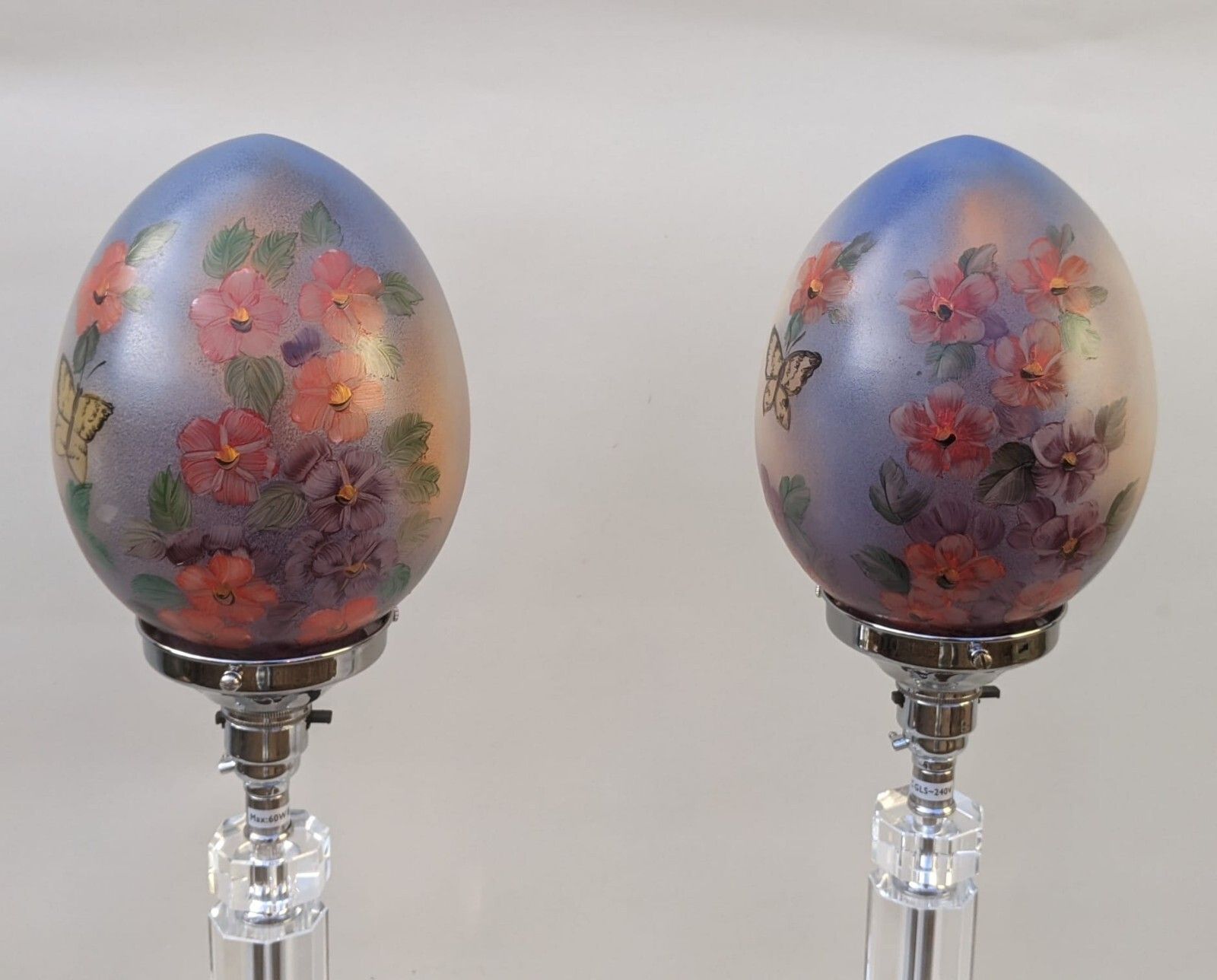 Large Pair Glass Lamps In Crystal With Hand Painted Art Deco Shades photo 385.0