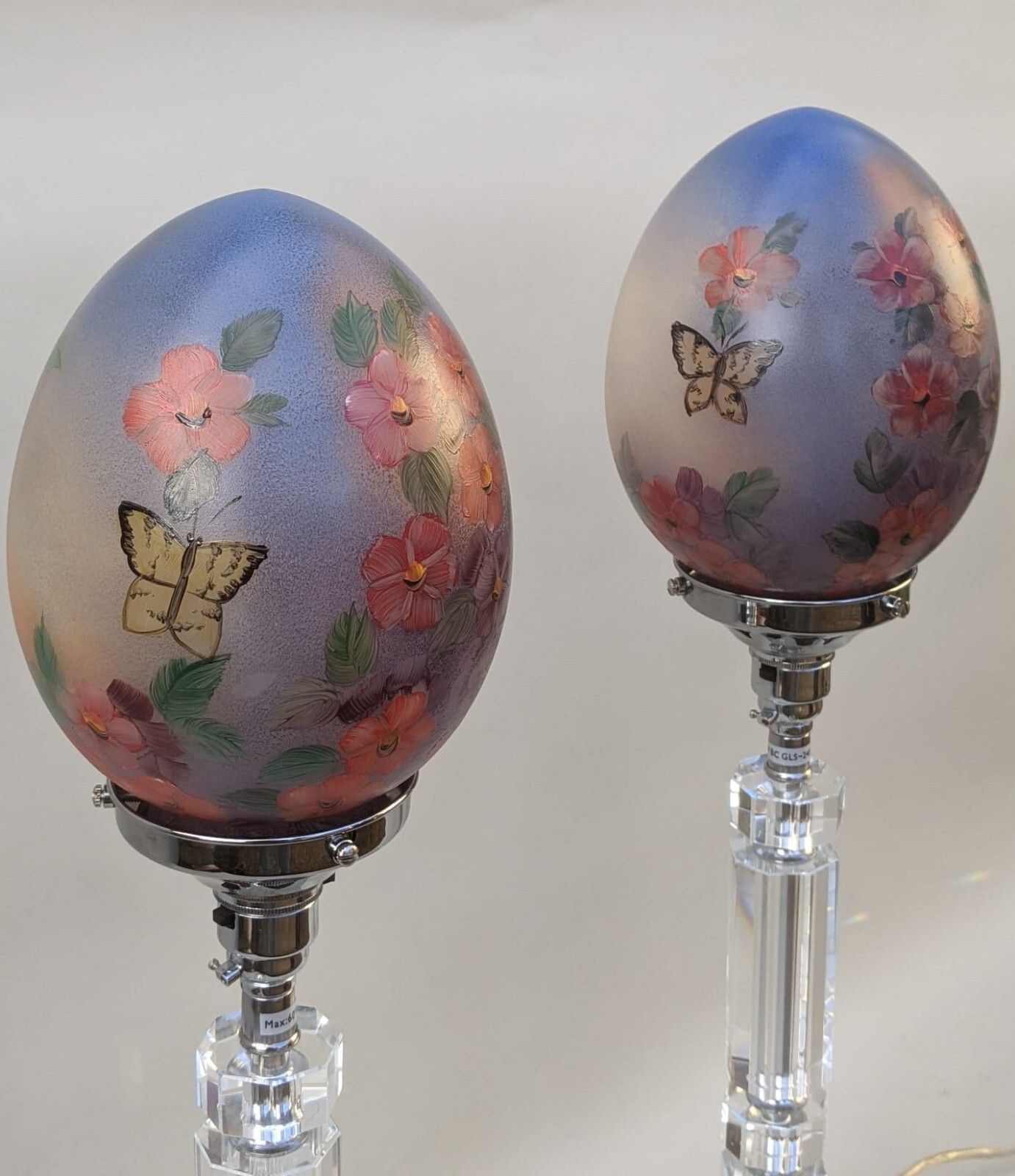 Large Pair Glass Lamps In Crystal With Hand Painted Art Deco Shades photo buy