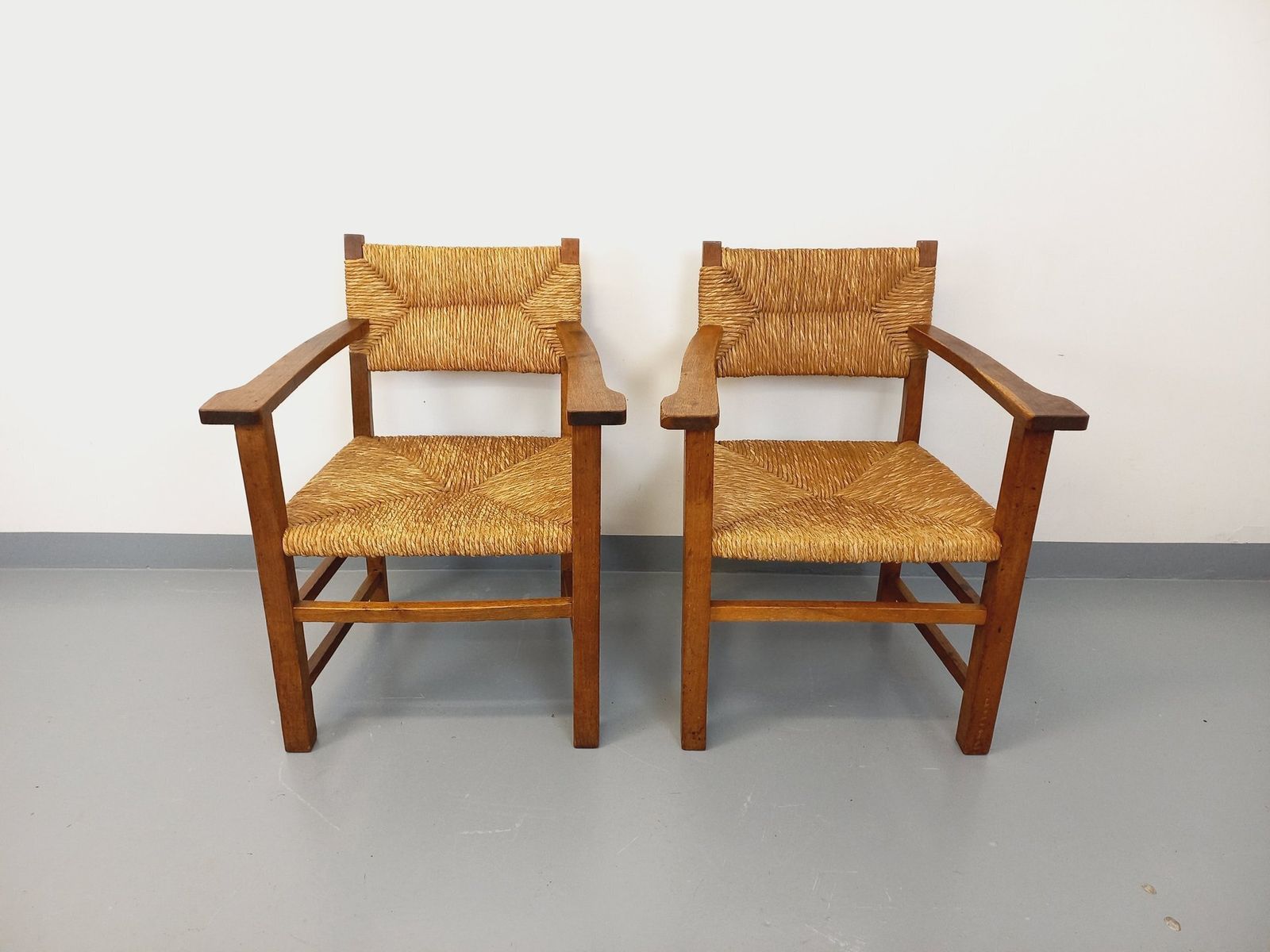 2 Brutalist Armchairs In Oak And Straw photo furniture