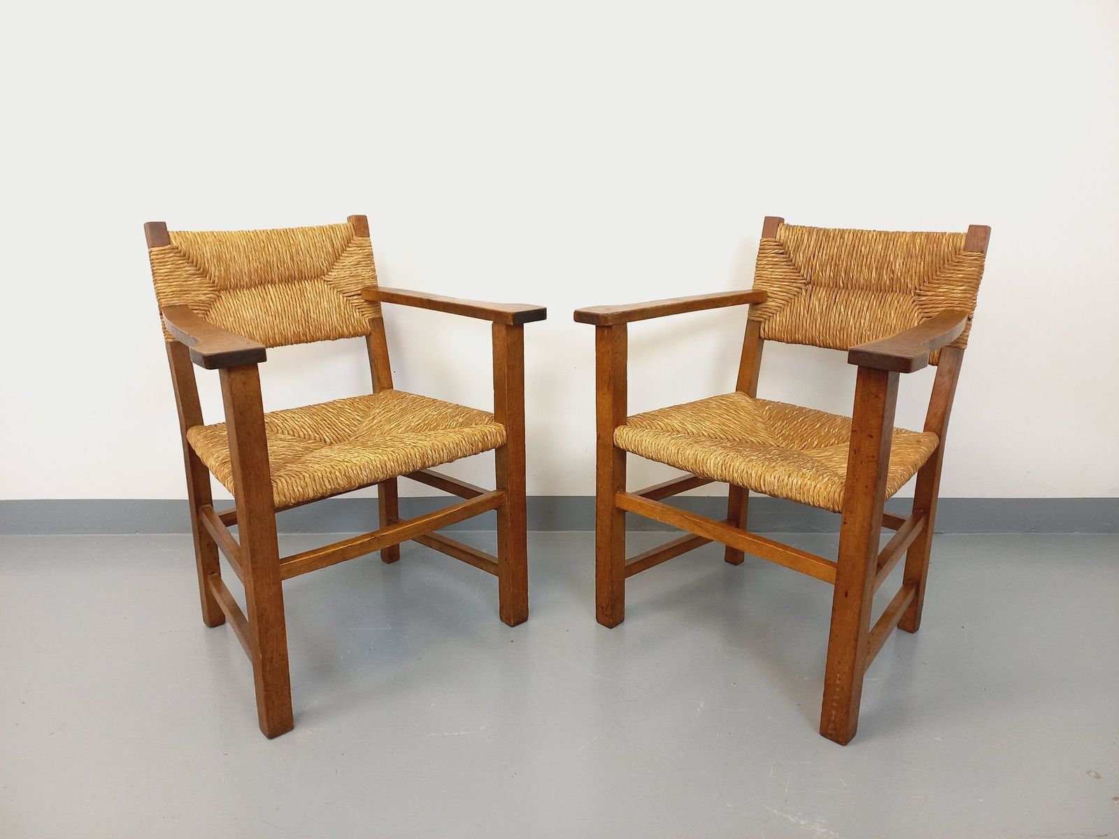 2 Brutalist Armchairs In Oak And Straw photo Furniture