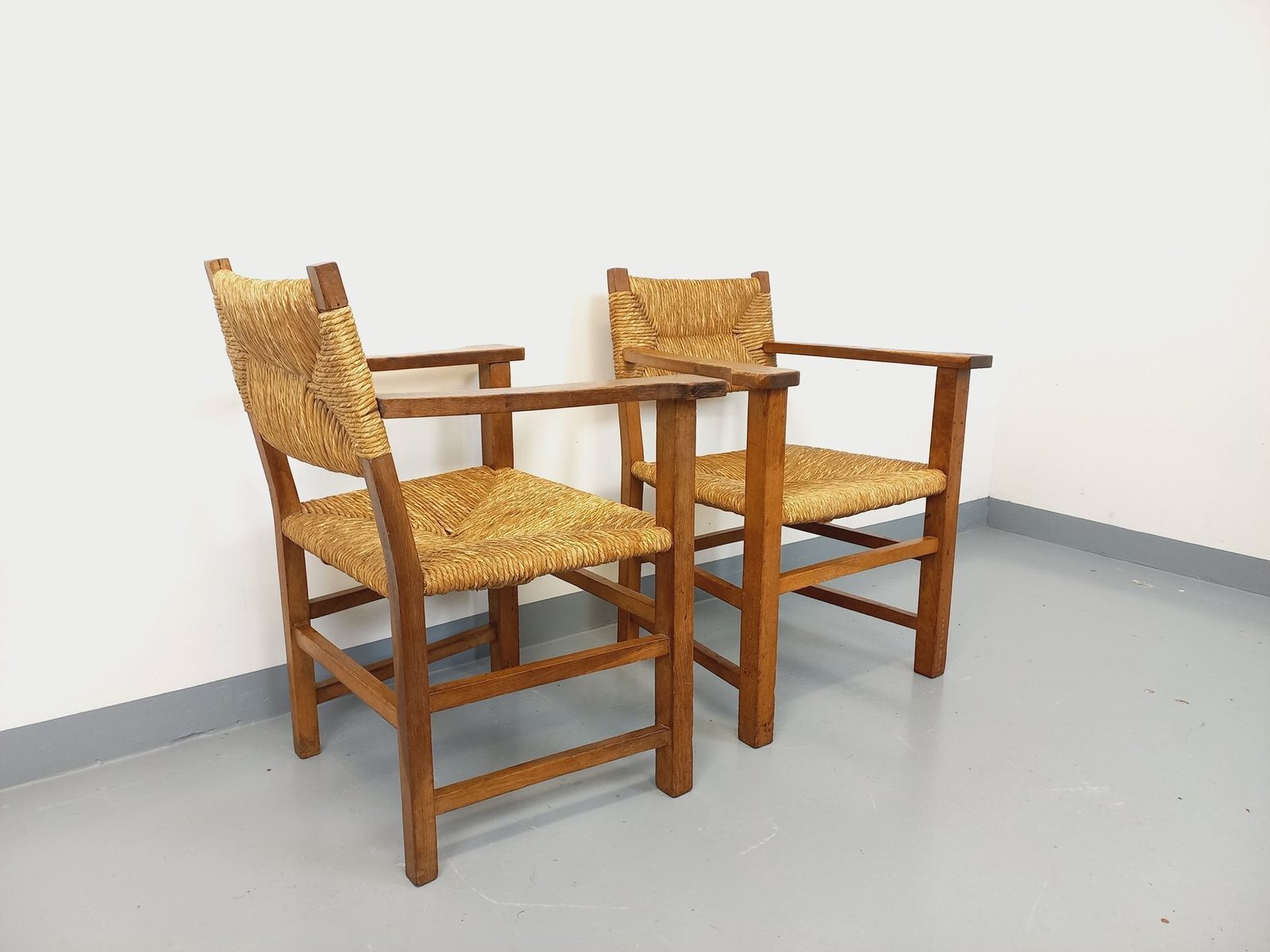 2 Brutalist Armchairs In Oak And Straw photo vinterior