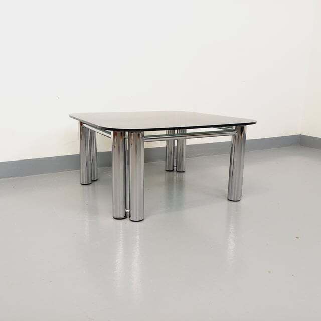 Space Age Italian Square Coffee Table In Smoked Glass And Chrome Metal photo furniture