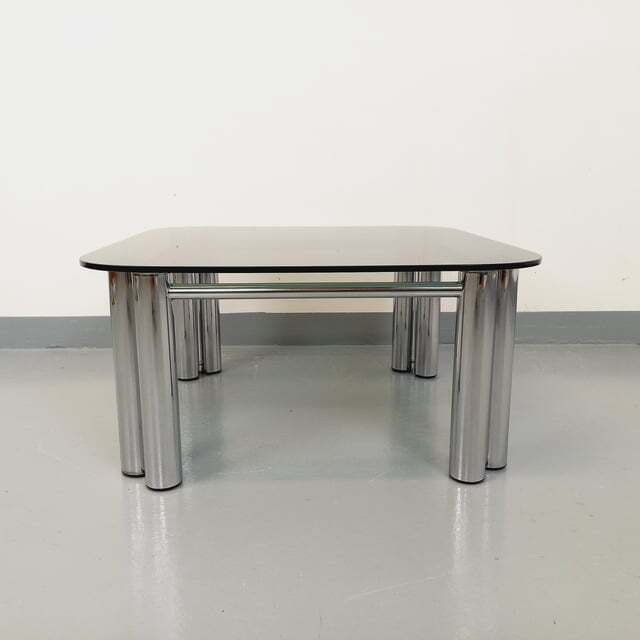 Space Age Italian Square Coffee Table In Smoked Glass And Chrome Metal photo for sale