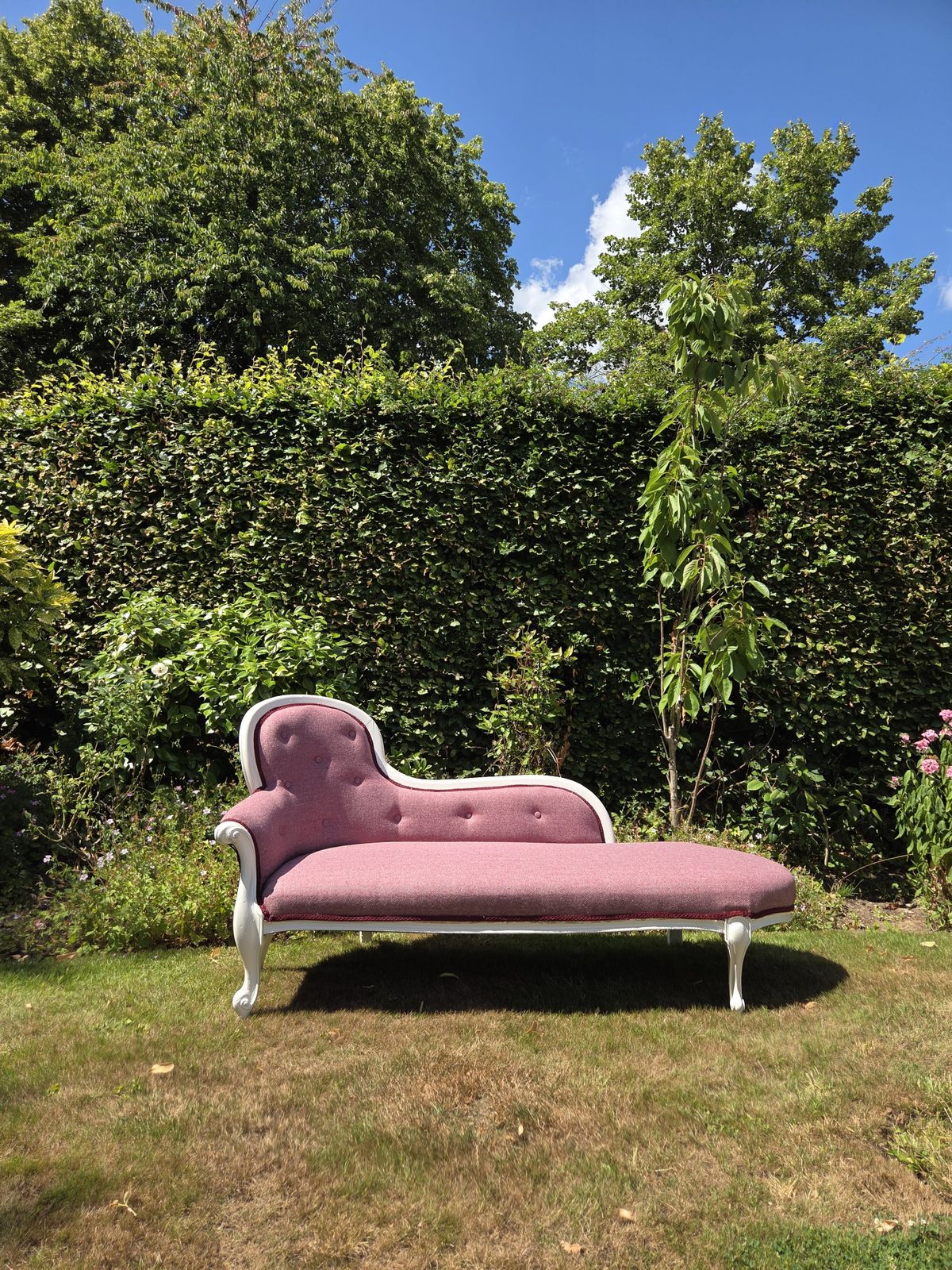Cream Painted Chaise Longue With Herringbone Tweed Upholstery