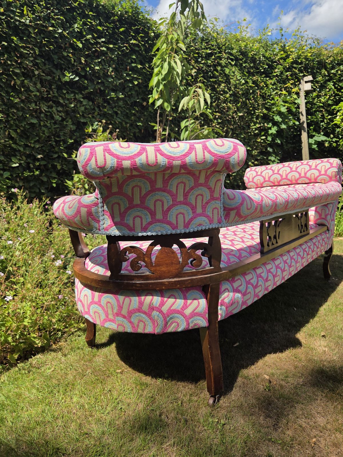 photo for sale Antique Chaise Longue With Pink & Blue Velvet Upholstery
