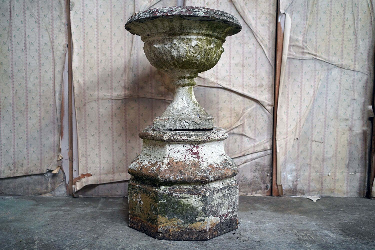 A Late 19thc Painted Stone Garden Tazza Urn On Stand C.1900