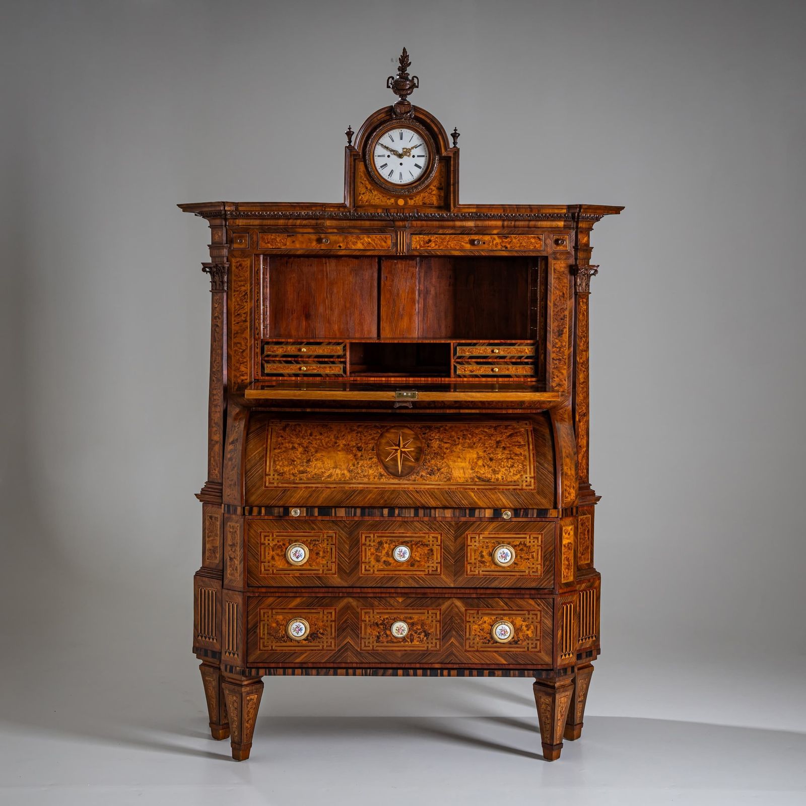 Neoclassical Cylinder Secretary Desk With Clock, Circa 1780 photo vinterior
