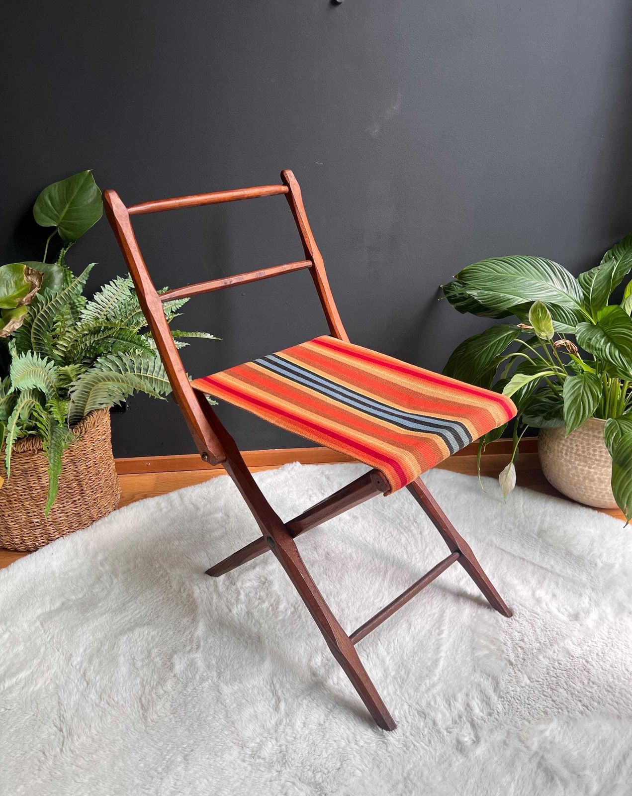 Antique Hand Carved Folding Chair, Bohemian Striped Canvas Seat, Vintage Rustic Wood Portable Chair, Mid Century Camp Stool photo for sale
