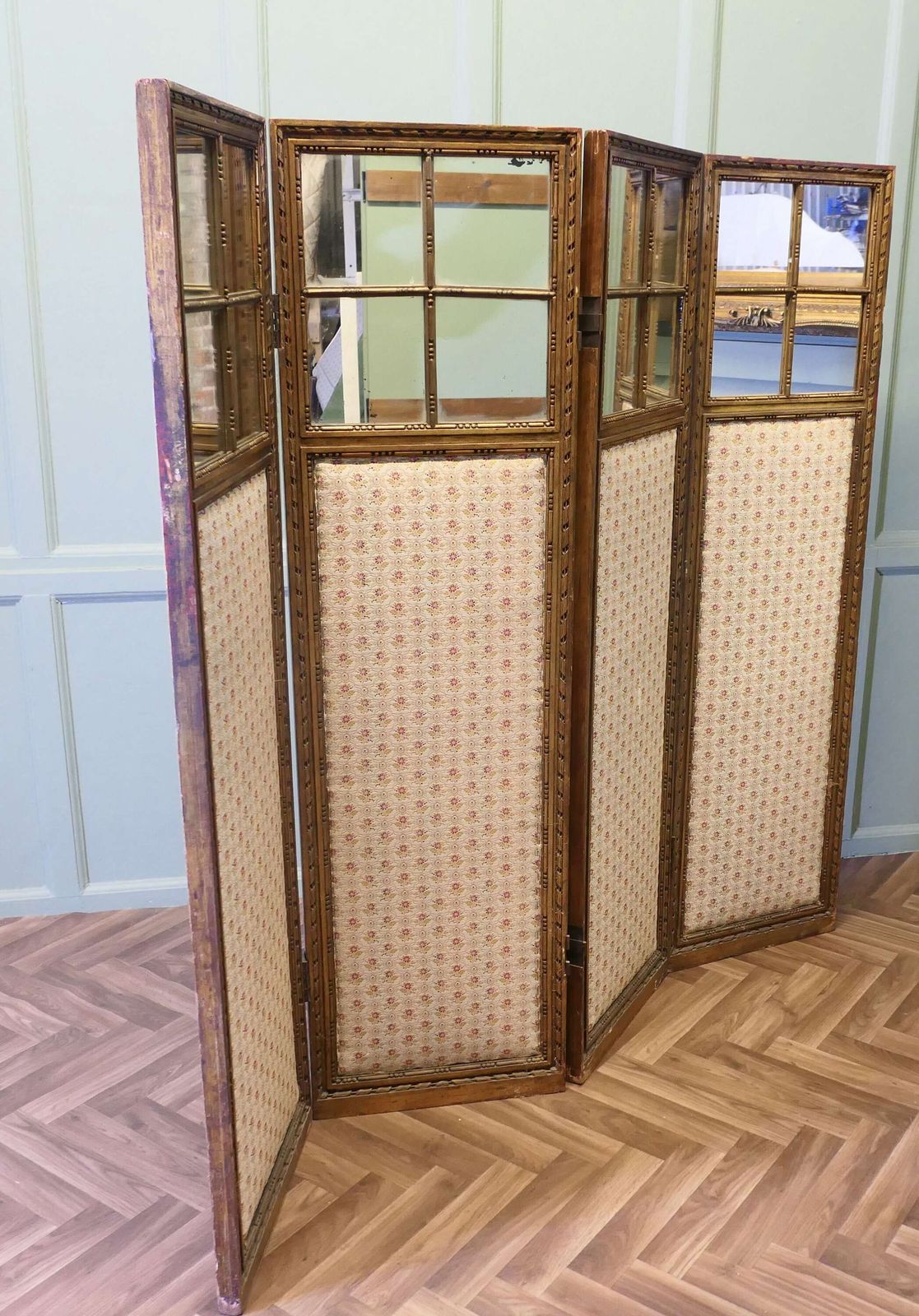 French Upholstered 4 Fold Screen, Gilt Mirror Room Divider photo furniture