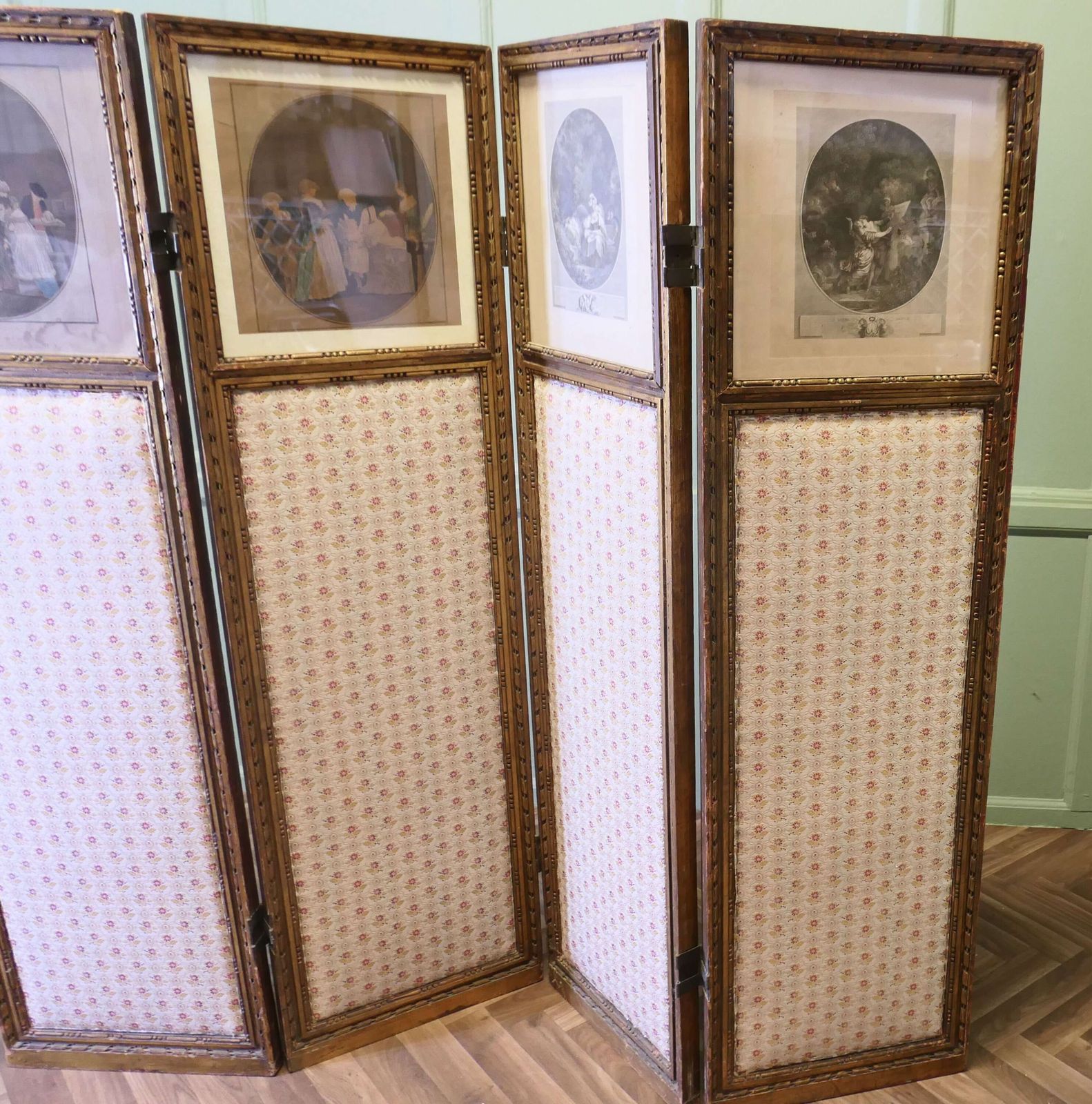 French Upholstered 4 Fold Screen, Gilt Mirror Room Divider photo for sale