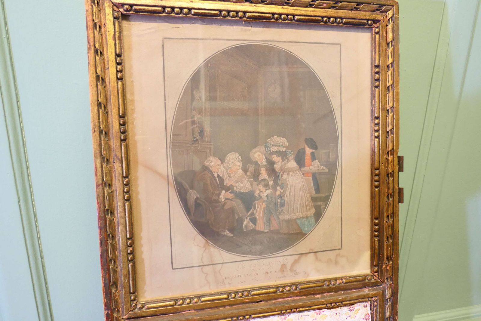 French Upholstered 4 Fold Screen, Gilt Mirror Room Divider photo buy