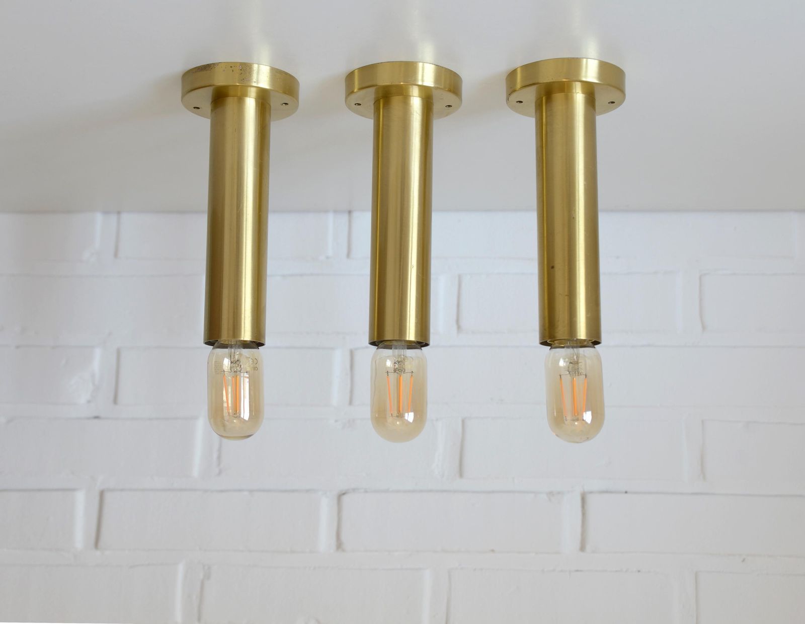 Set Of 3 Vintage Brass Sconces / Minimalist Style Ceiling Lights / Mid Century Modern Flush Mount Lighting 1980's / Home Bar Tube Lamps photo furniture