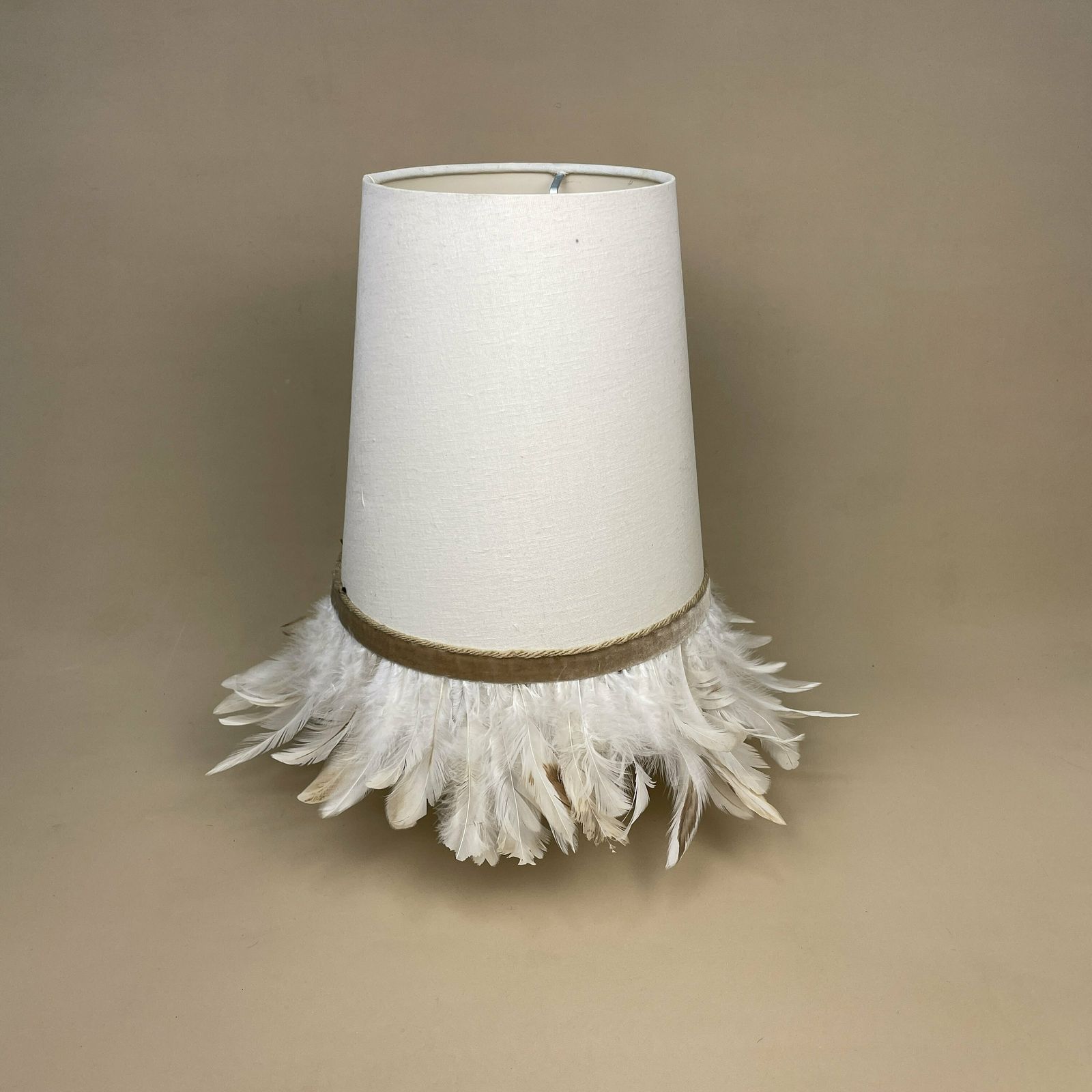 Feather Fringe Edge Detail Cone Lamp Shade Cream Lampshade Lightshade Light Natural Beige Bedside Classic Velvet Ribbon Handmade Unique photo for sale