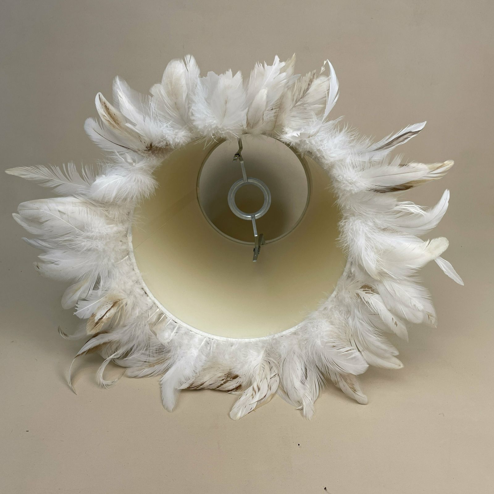 Feather Fringe Edge Detail Cone Lamp Shade Cream Lampshade Lightshade Light Natural Beige Bedside Classic Velvet Ribbon Handmade Unique photo Lighting