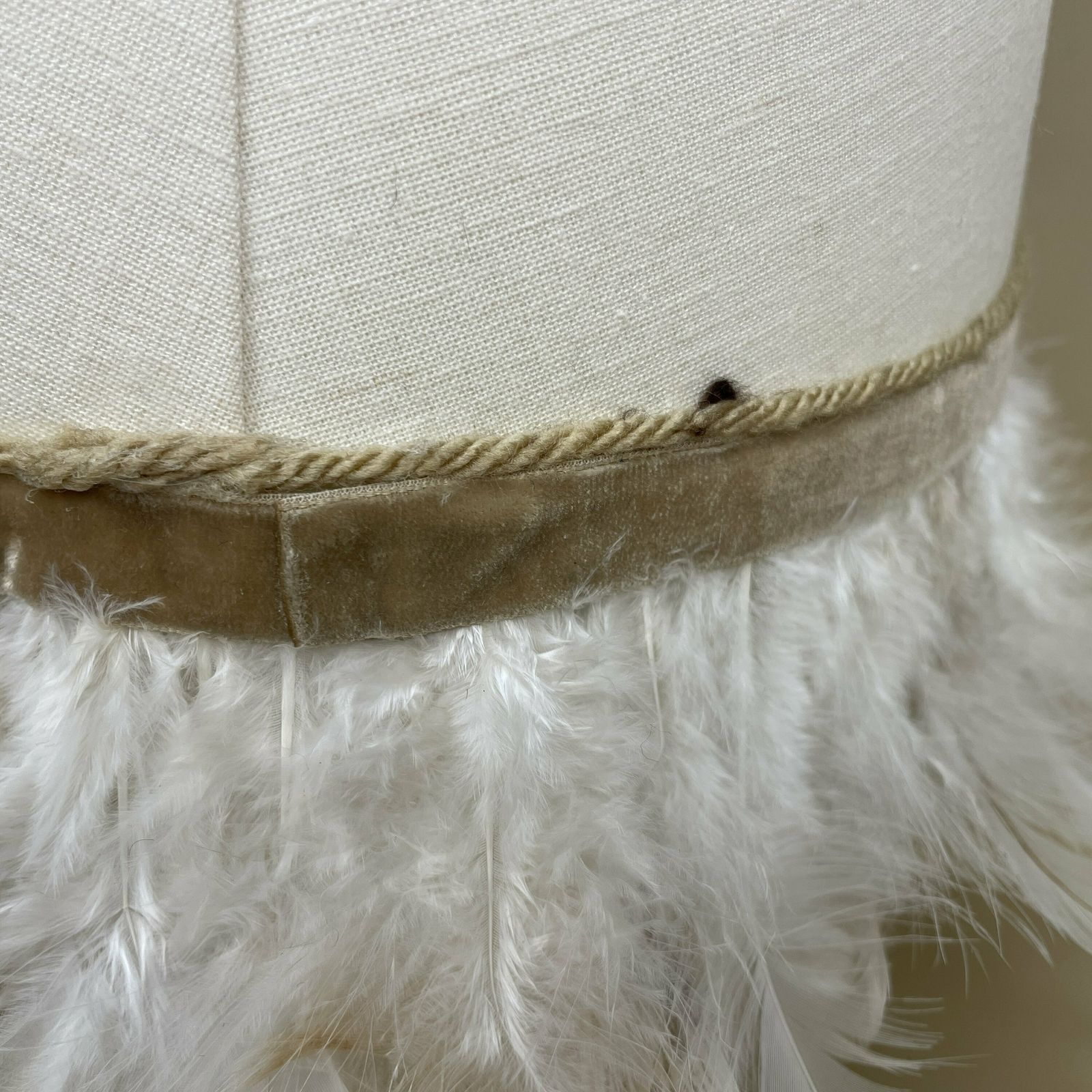 photo furniture Feather Fringe Edge Detail Cone Lamp Shade Cream Lampshade Lightshade Light Natural Beige Bedside Classic Velvet Ribbon Handmade Unique