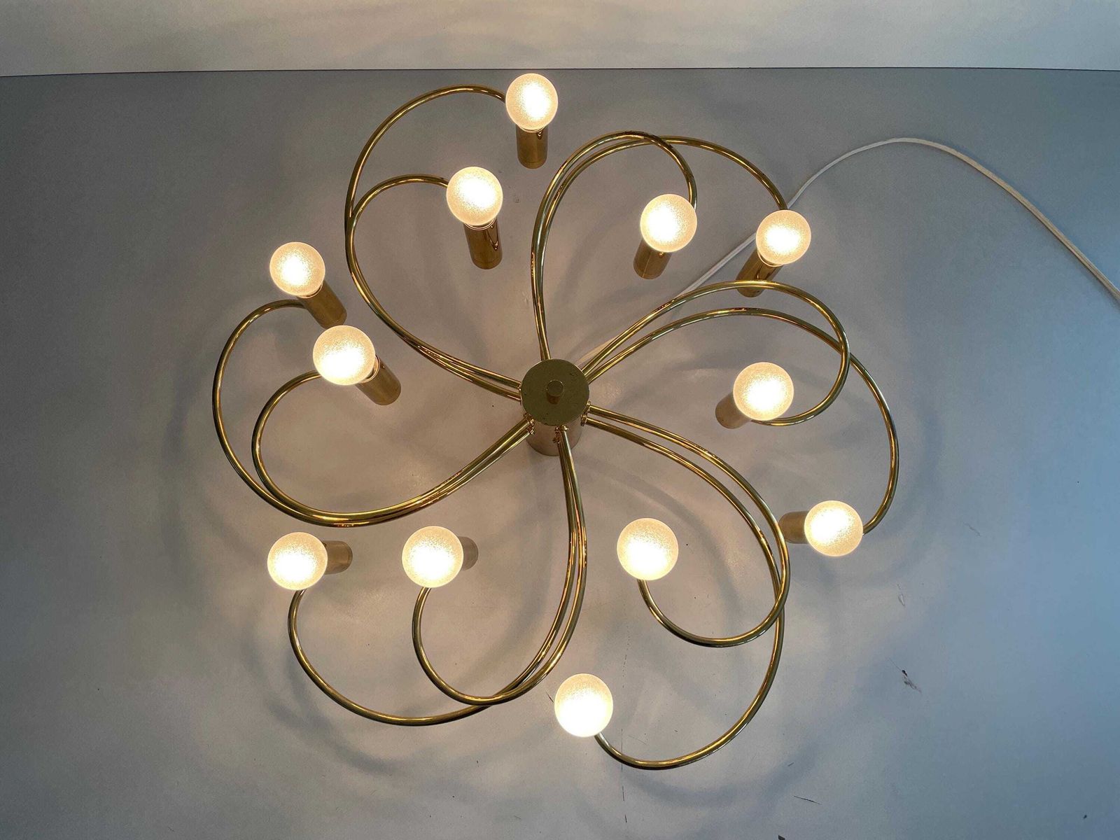 Mid Century Modern 12 Armed Brass Body Flush Mount Light By Cosack, 1960s, Germany photo vinterior