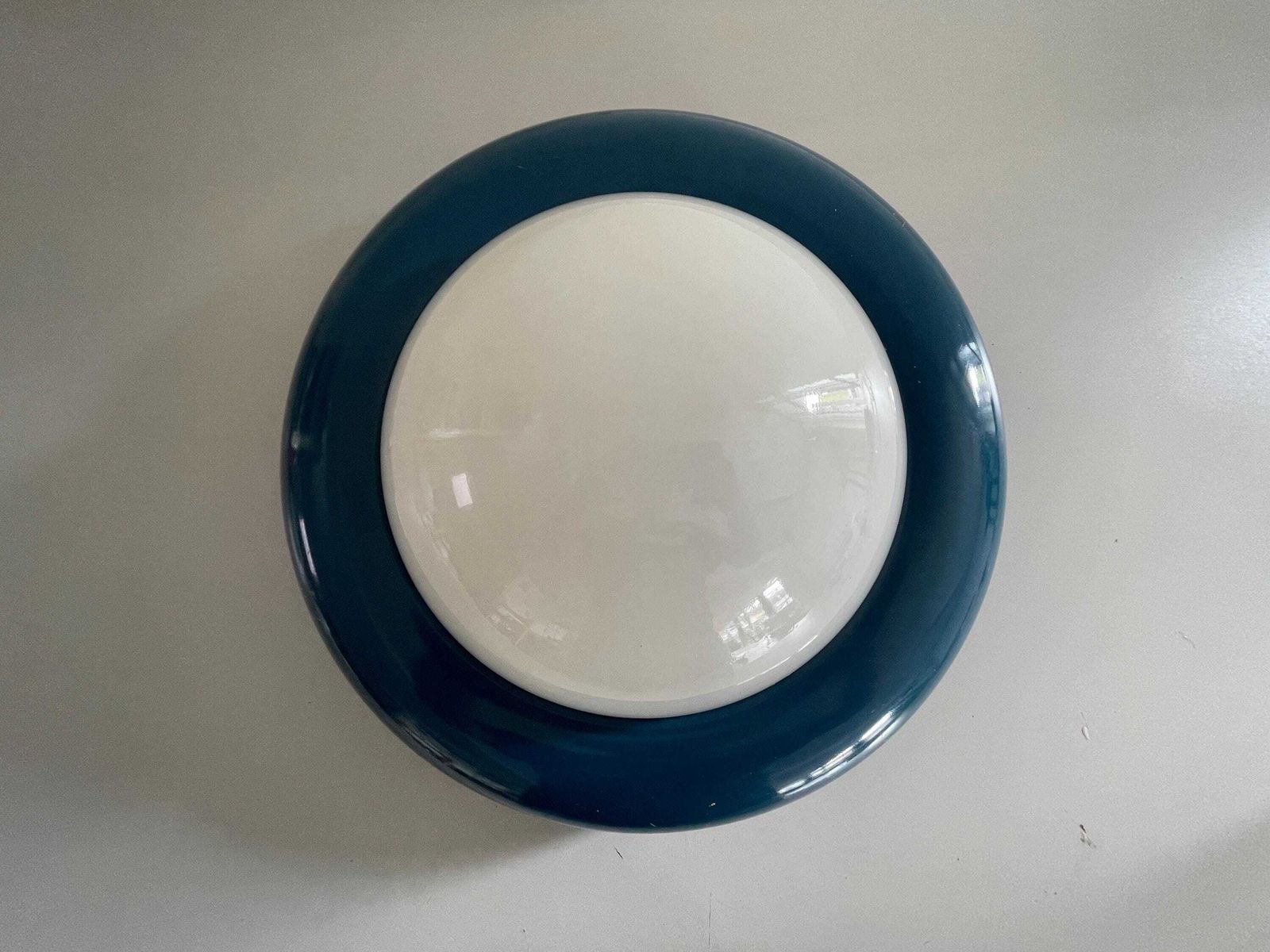 Opal Glass And Dark Blue Metal Body Flush Mount Light By Valenti, 1960s, Italy photo vinterior