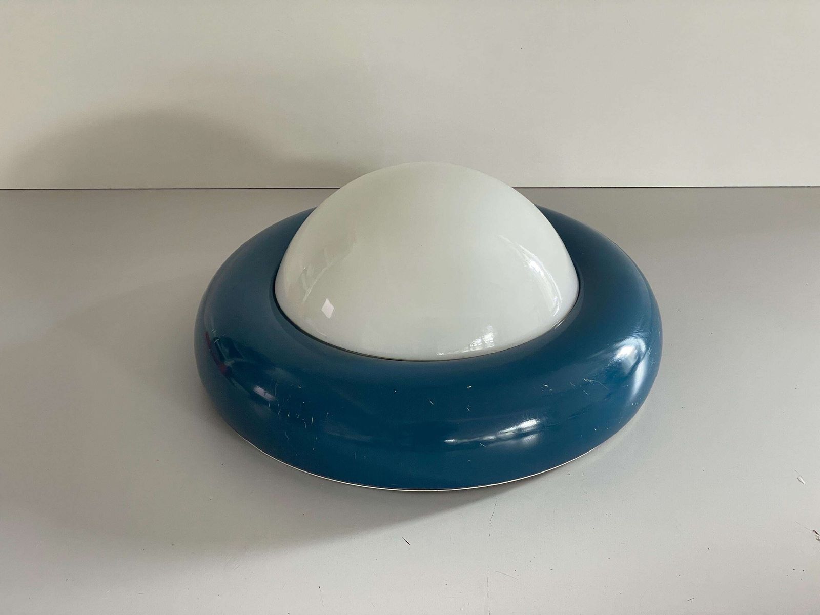 Opal Glass And Dark Blue Metal Body Flush Mount Light By Valenti, 1960s, Italy photo buy