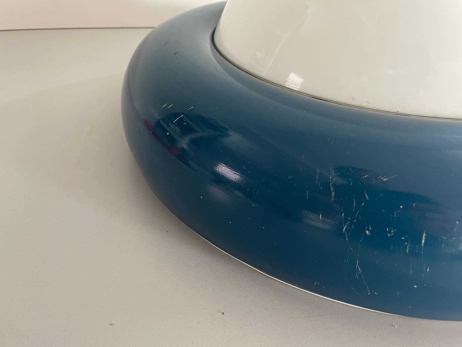 photo furniture Opal Glass And Dark Blue Metal Body Flush Mount Light By Valenti, 1960s, Italy