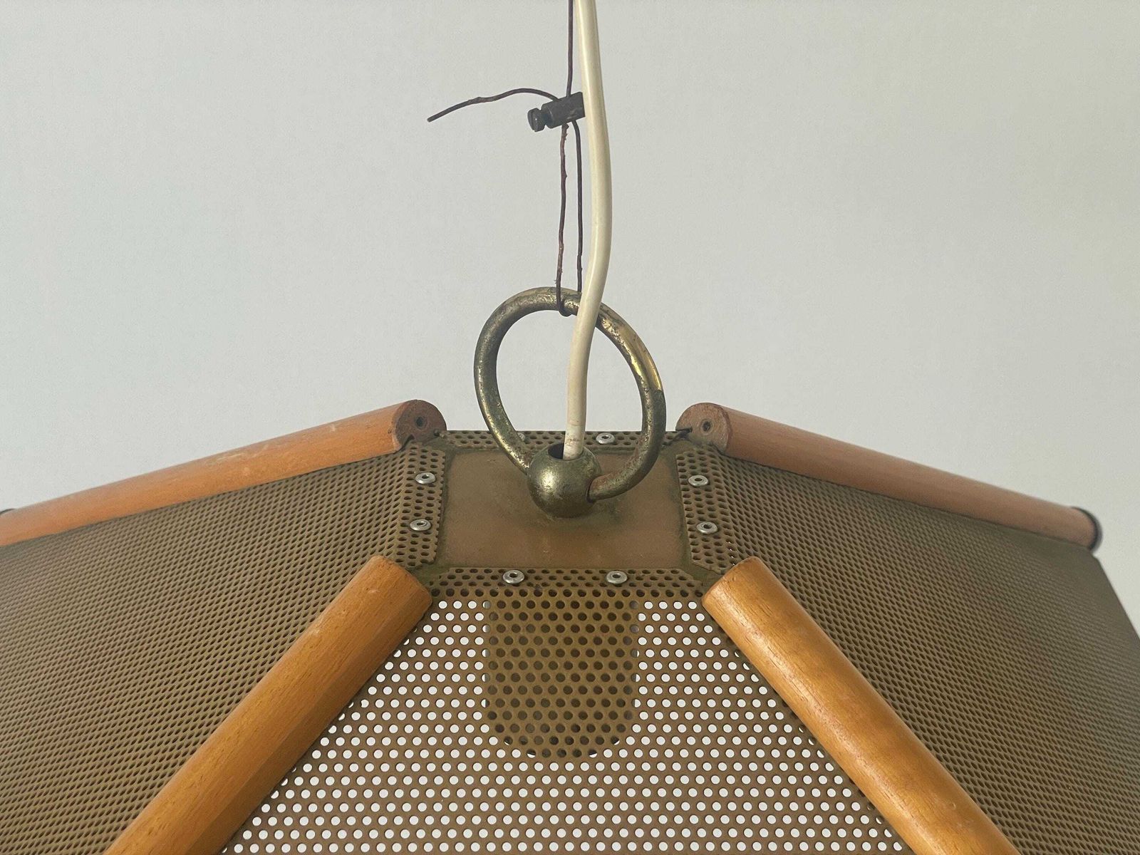 4 Leaves Wood Lines And Metal Body Pendant Lamp, 1960s, Italy photo vinterior