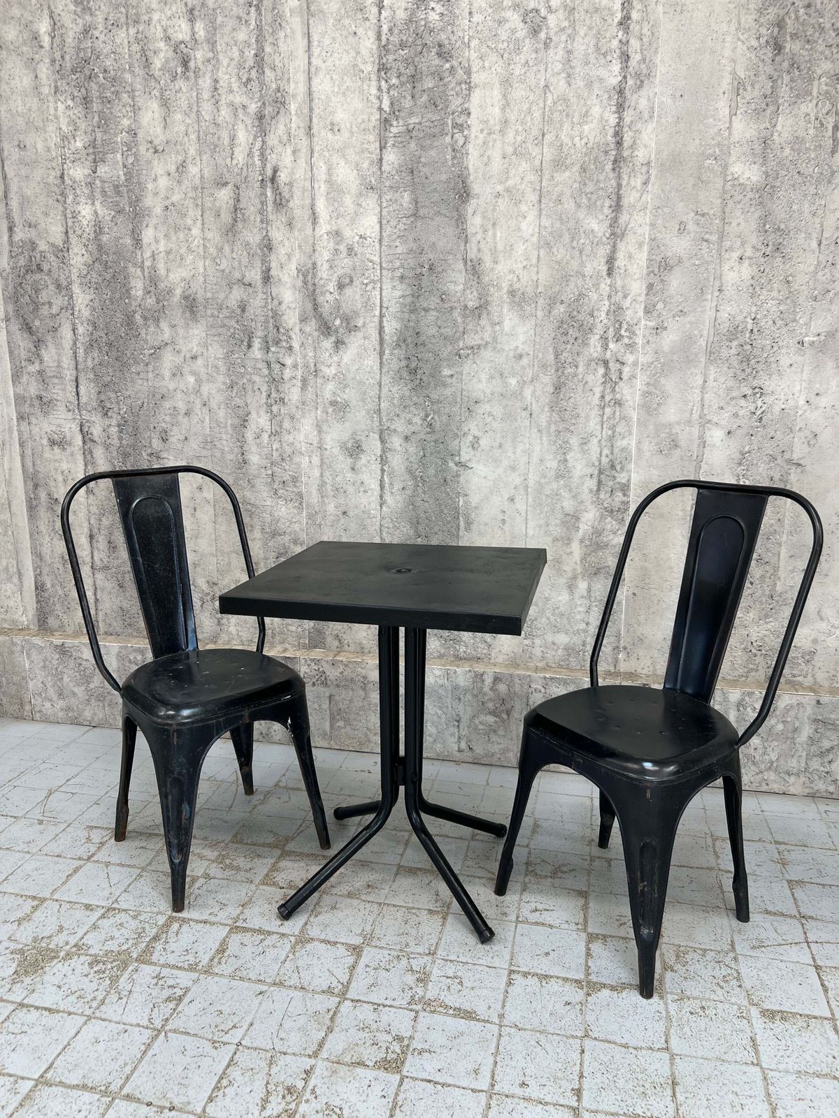 Black Tolix Metal Garden Table And Two Chairs photo furniture