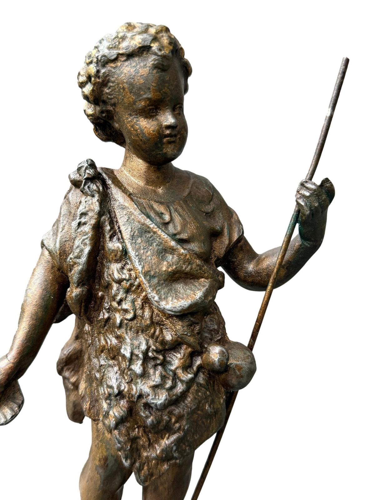 Antique French St. John The Baptist Statue, 19th, Spelter On Polychrome Olive Wood, Religious Art, Catholic Gift photo for sale