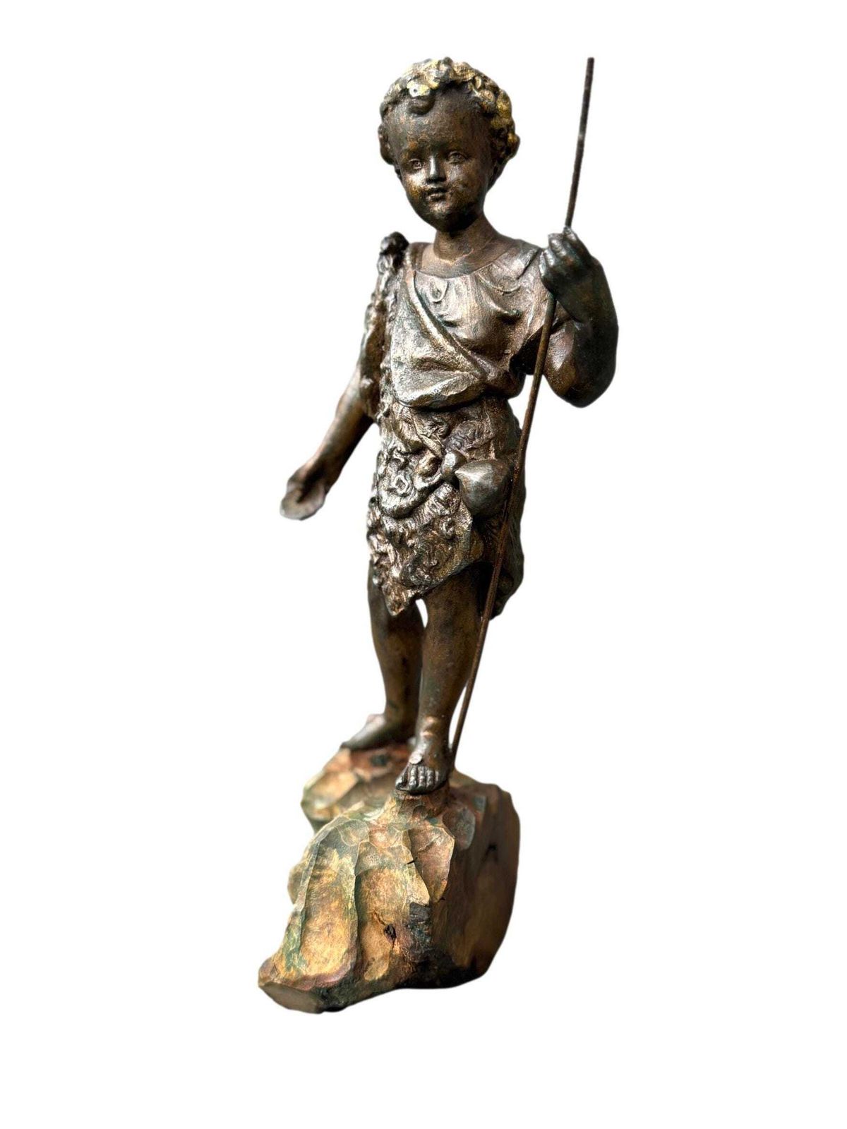 Antique French St. John The Baptist Statue, 19th, Spelter On Polychrome Olive Wood, Religious Art, Catholic Gift photo vinterior