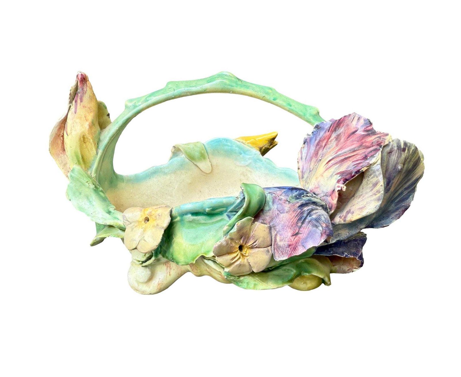 Antique French Majolica Planter Basket By Longchamp, 19th Century Terre De Fer, Iris Flower Jardinière, Hand Glazed Floral Barbotine photo vinterior