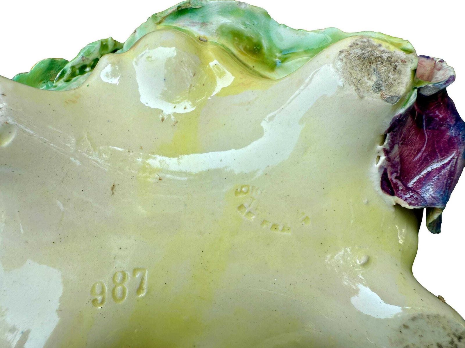 photo for sale Antique French Majolica Planter Basket By Longchamp, 19th Century Terre De Fer, Iris Flower Jardinière, Hand Glazed Floral Barbotine