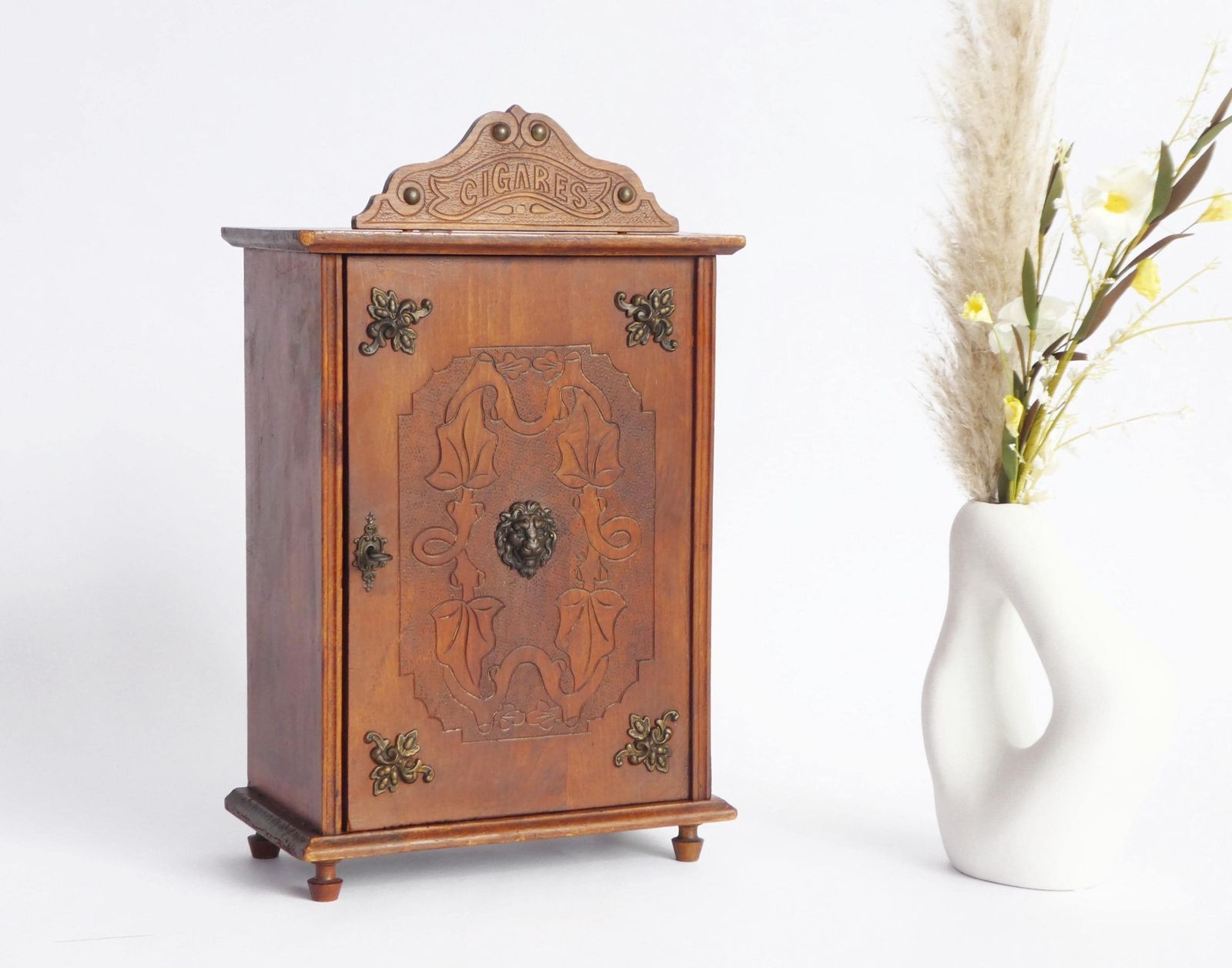 Antique Small Wooden Cabinet With Bronze Ornaments & Carved Details, Art Nouveau Cigar Cabinet With Lock And Key