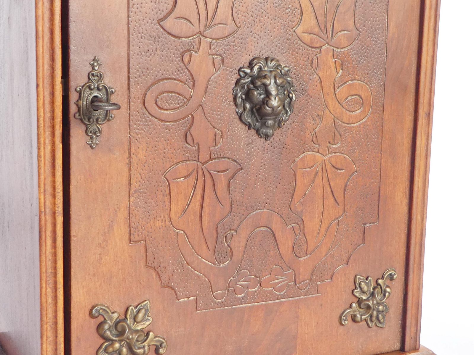 Antique Small Wooden Cabinet With Bronze Ornaments & Carved Details, Art Nouveau Cigar Cabinet With Lock And Key photo Furniture