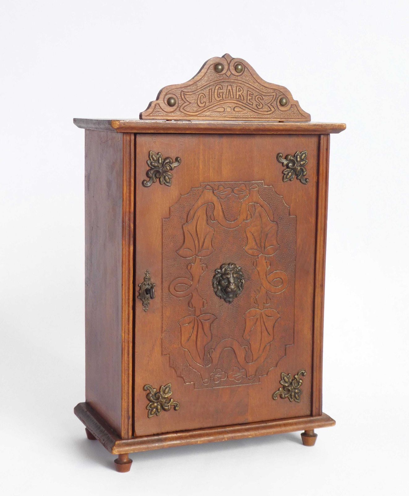 Antique Small Wooden Cabinet With Bronze Ornaments & Carved Details, Art Nouveau Cigar Cabinet With Lock And Key photo 289.0
