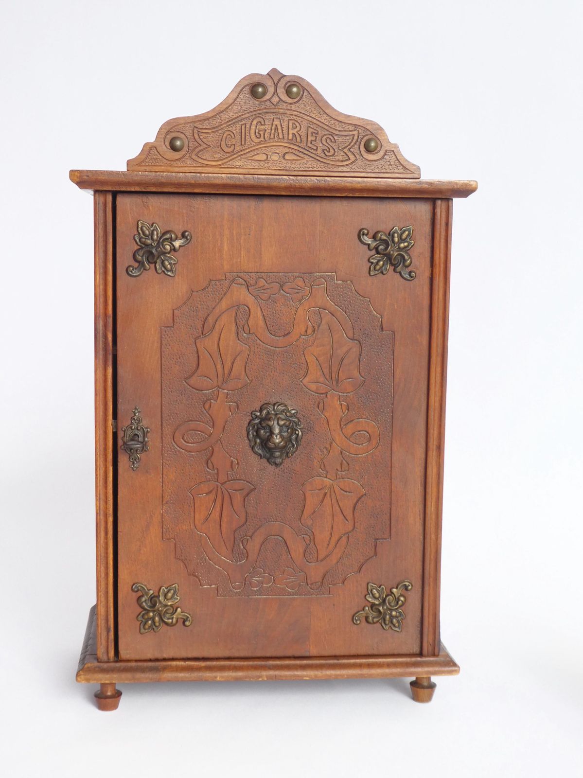 Antique Small Wooden Cabinet With Bronze Ornaments & Carved Details, Art Nouveau Cigar Cabinet With Lock And Key photo buy