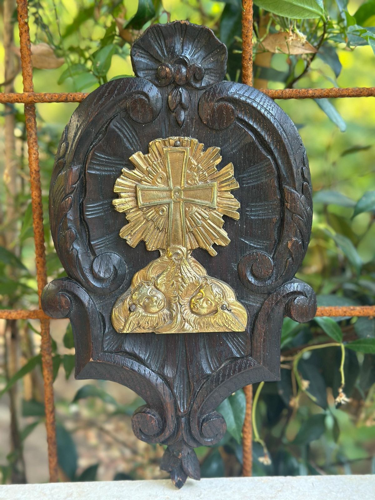 Antique French Wall Religious Plaque, Carved Oak & Gilt Bronze Cross With Cherubs, Rococo Devotional Wall Decor, 19th photo furniture