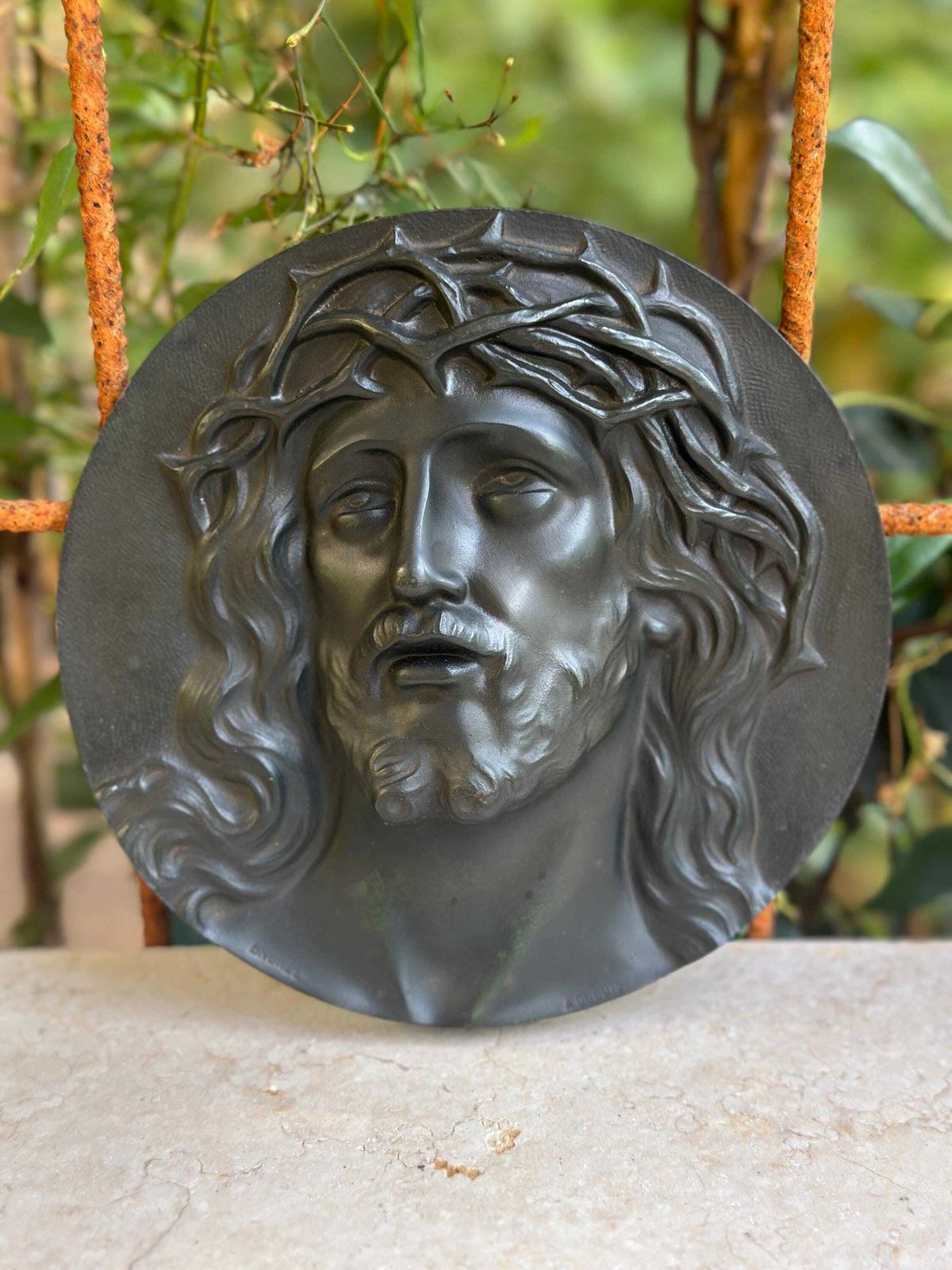 Antique Bronze Plaque Of Christ Signed A. Dubois, Sacred Art, 1930s, Crowned Jesus Face, Religious Wall Decor