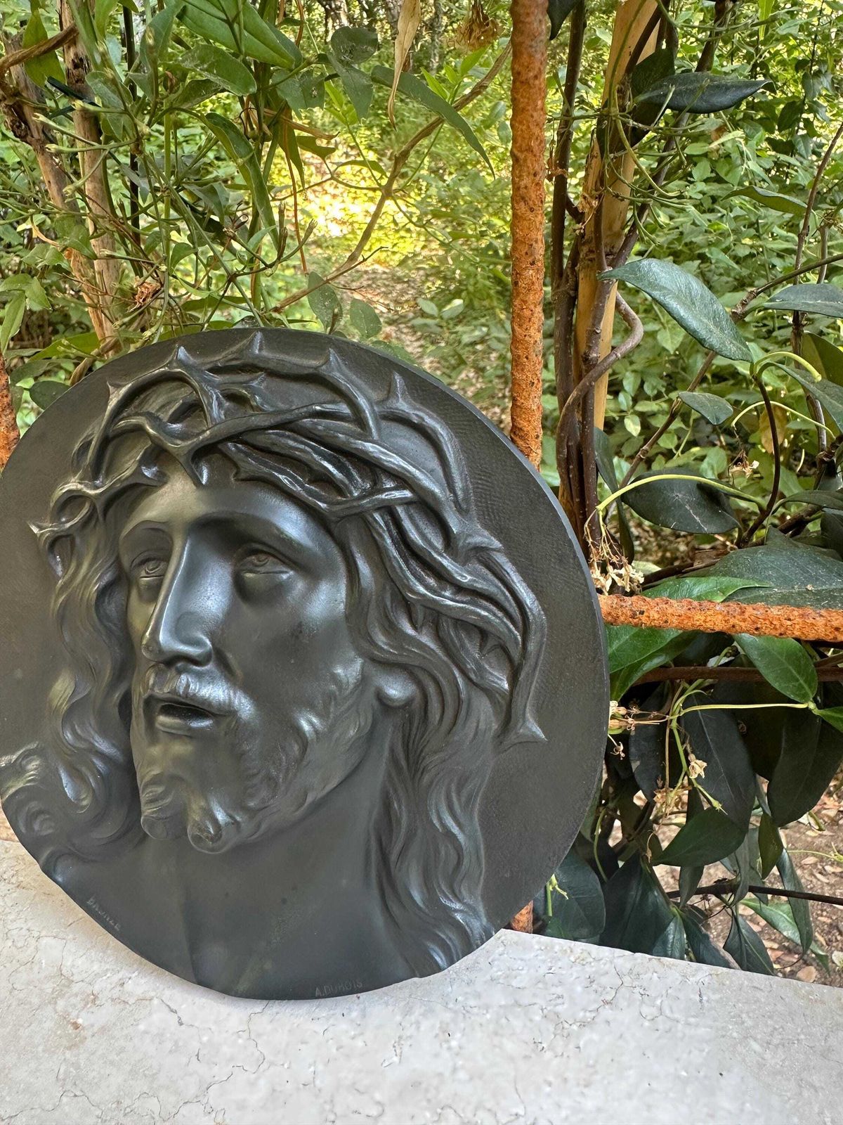 Antique Bronze Plaque Of Christ Signed A. Dubois, Sacred Art, 1930s, Crowned Jesus Face, Religious Wall Decor photo 226.0