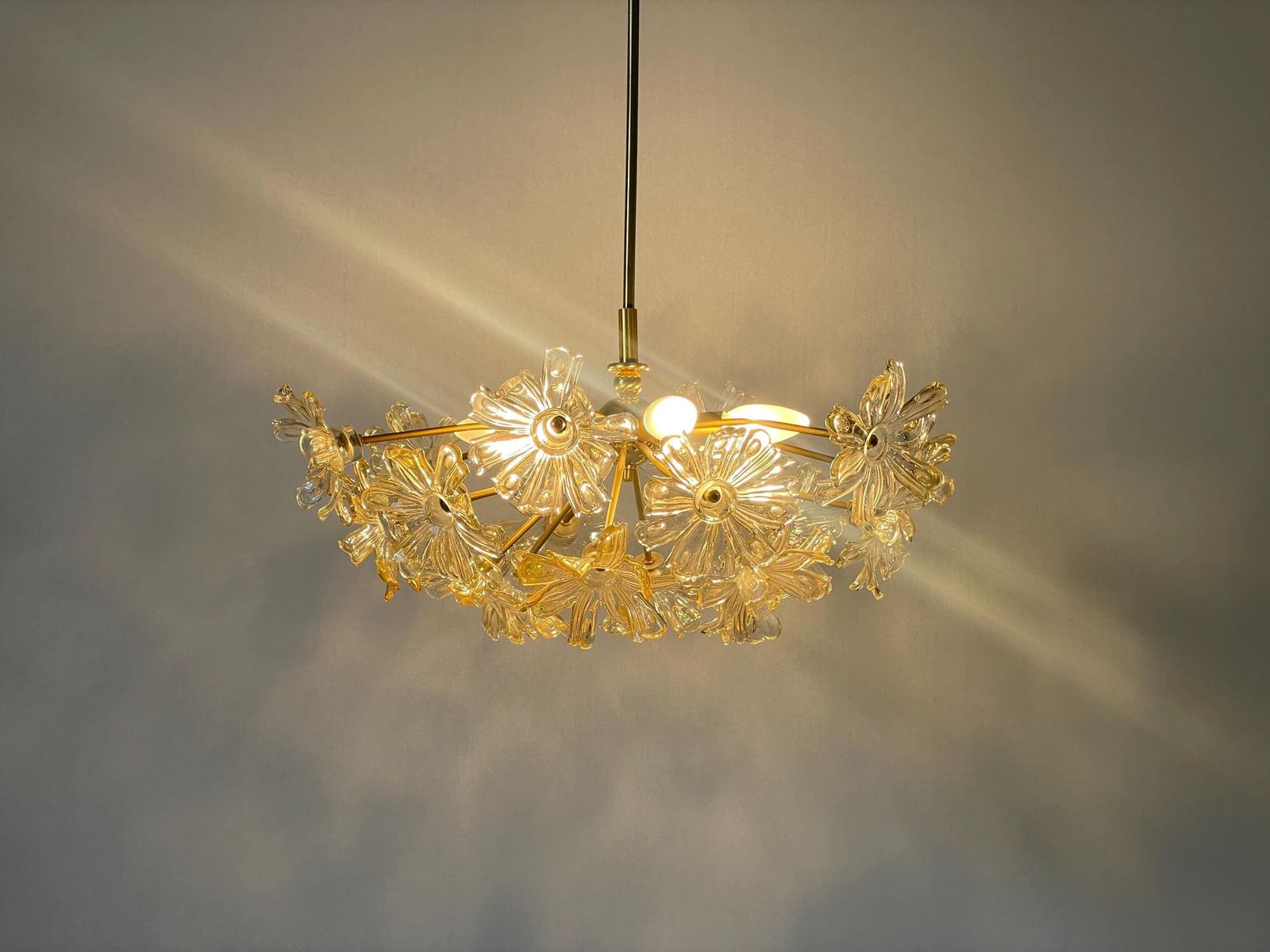 Flower Shape Crystal Glass And Brass Pendant Lamp, 1960s, Germany photo for sale