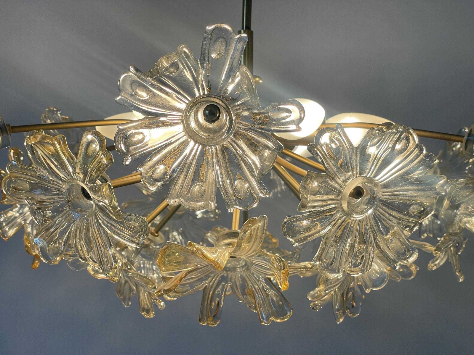 Flower Shape Crystal Glass And Brass Pendant Lamp, 1960s, Germany photo buy