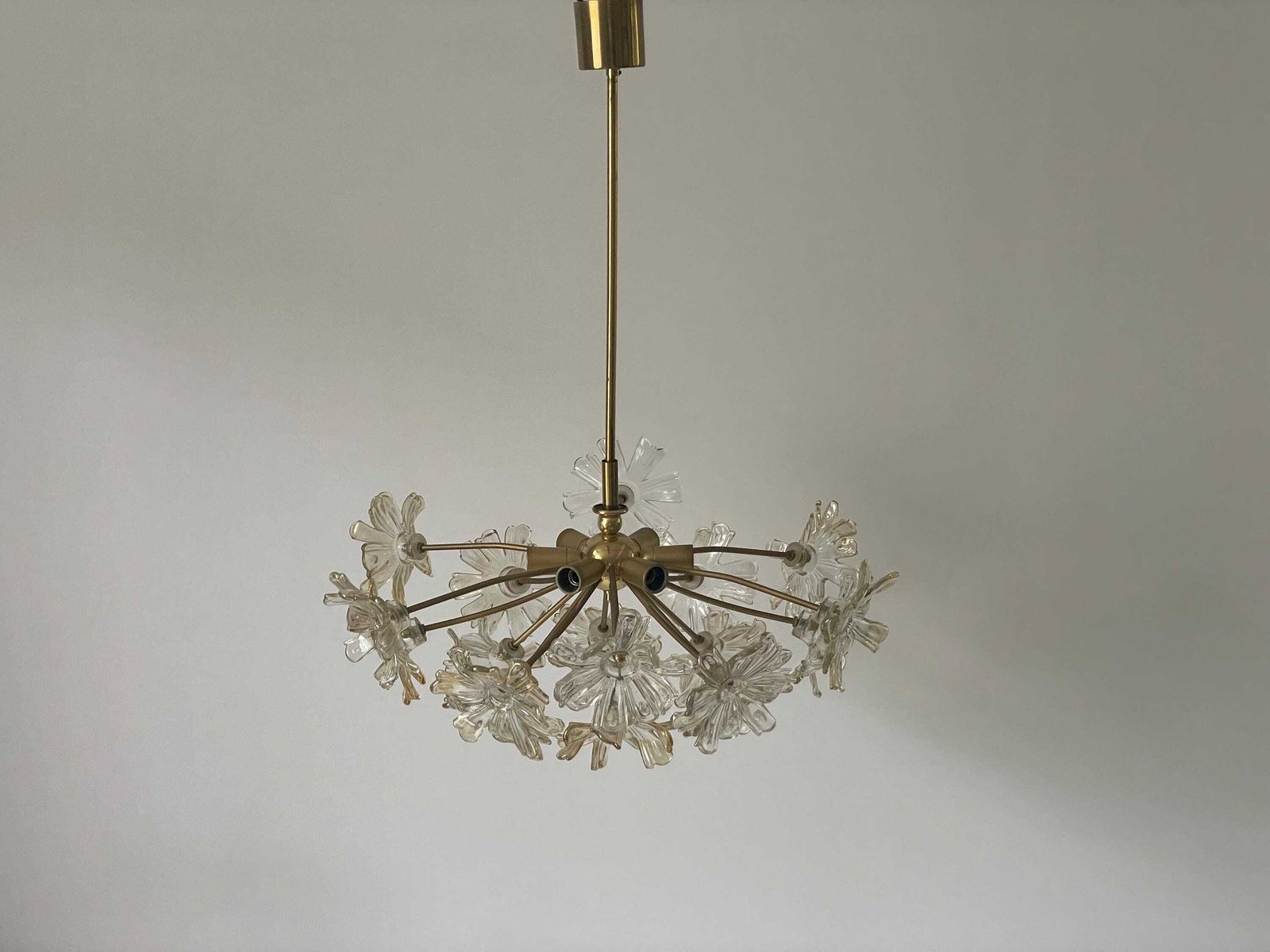 Flower Shape Crystal Glass And Brass Pendant Lamp, 1960s, Germany photo vintage